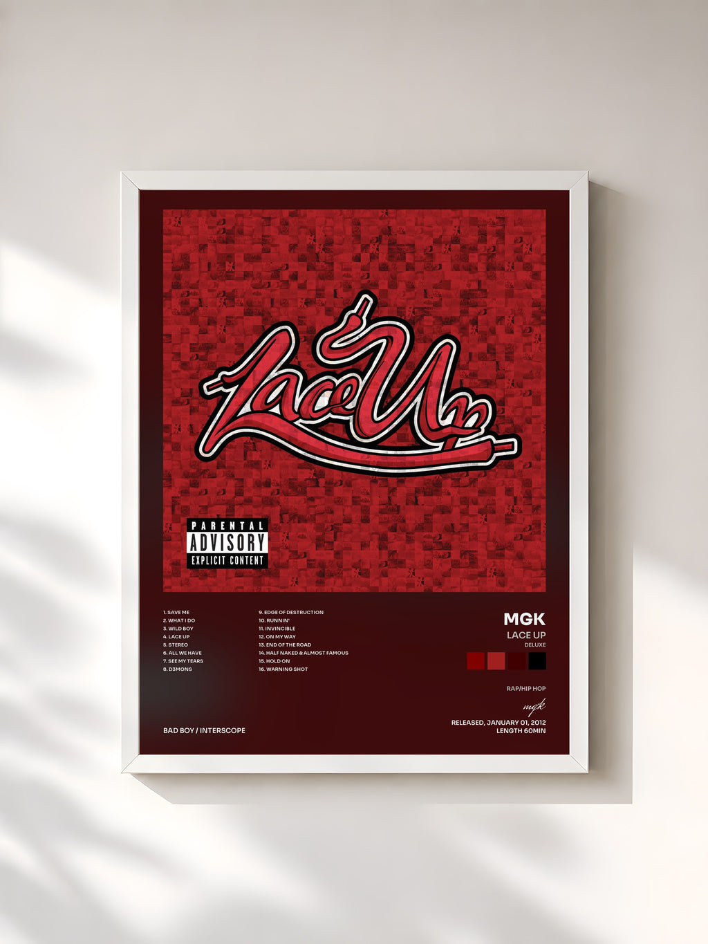 #blanc Tableau de l'album Lace Up (Deluxe) de mgk, cadre blanc, imprimé et encadré en France