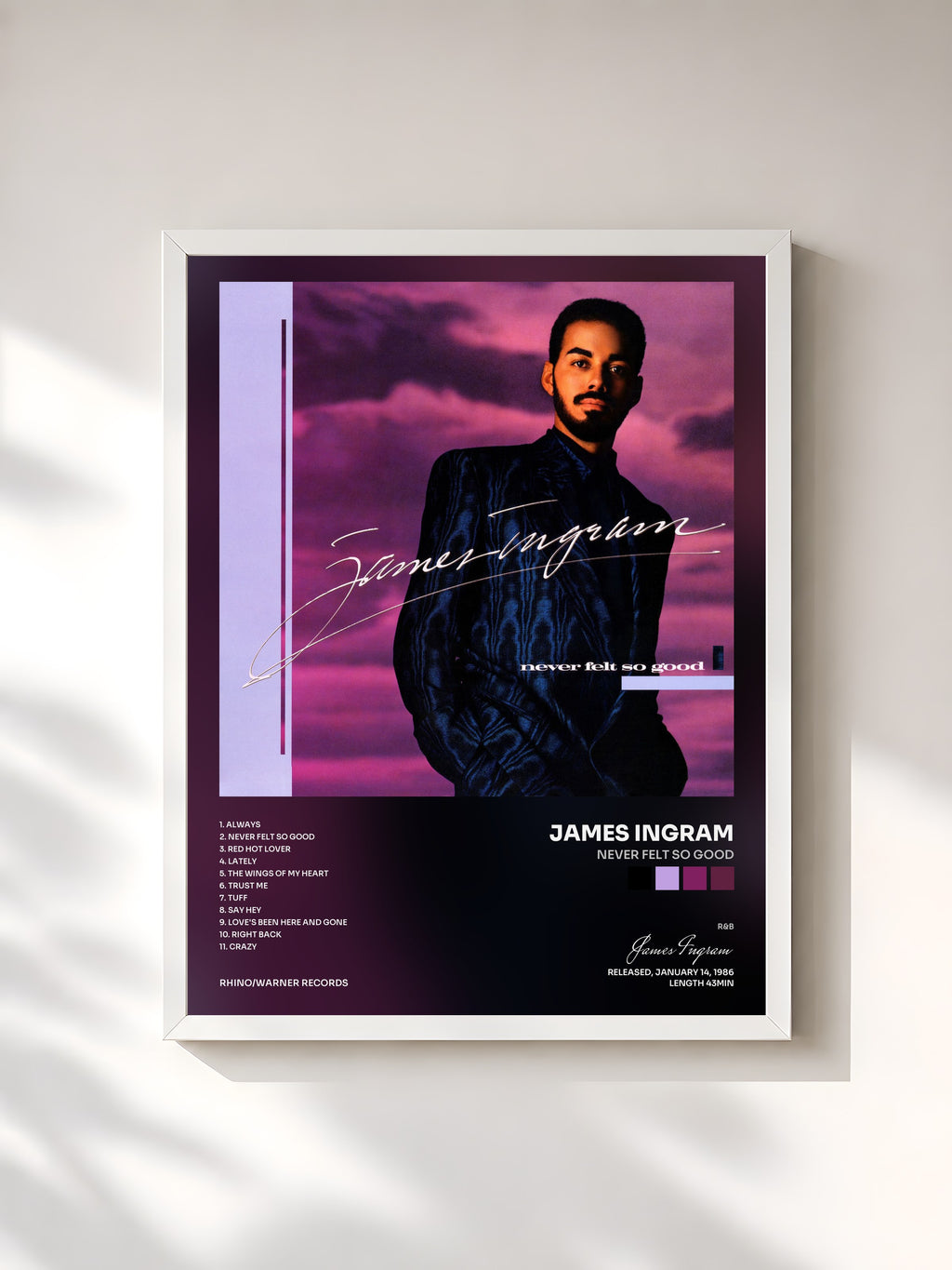 #blanc Tableau de l'album Never Felt So Good de James Ingram, cadre blanc, imprimé et encadré en France