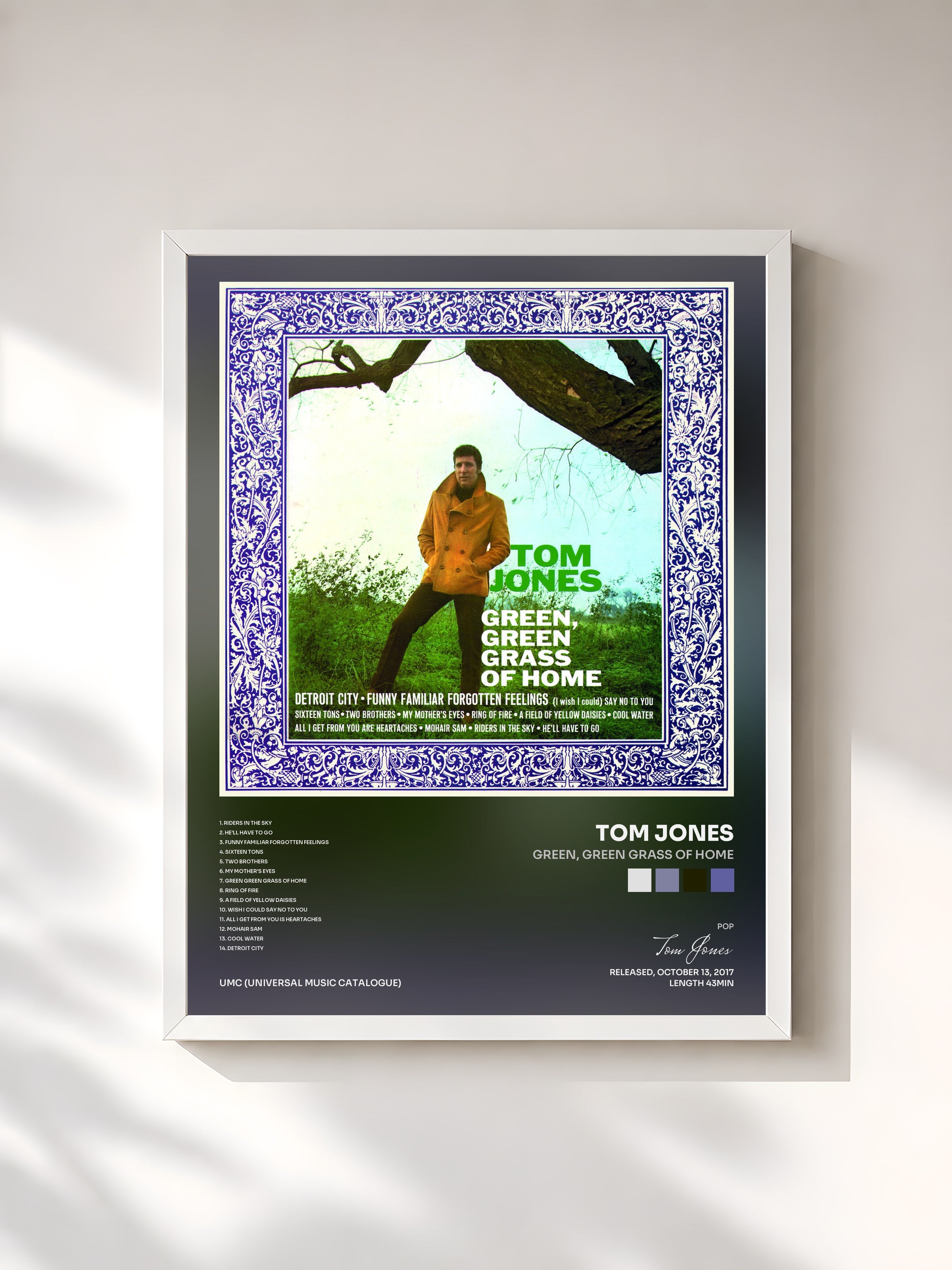 #blanc Tableau de l'album Green, Green Grass Of Home de Tom Jones, cadre blanc, imprimé et encadré en France