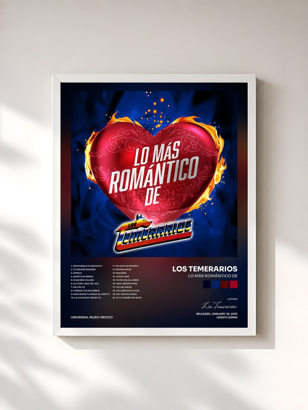 #blanc Lo Más Romántico De de Los Temerarios en lámina enmarcada, marco blanco, impresa y enmarcada en Francia