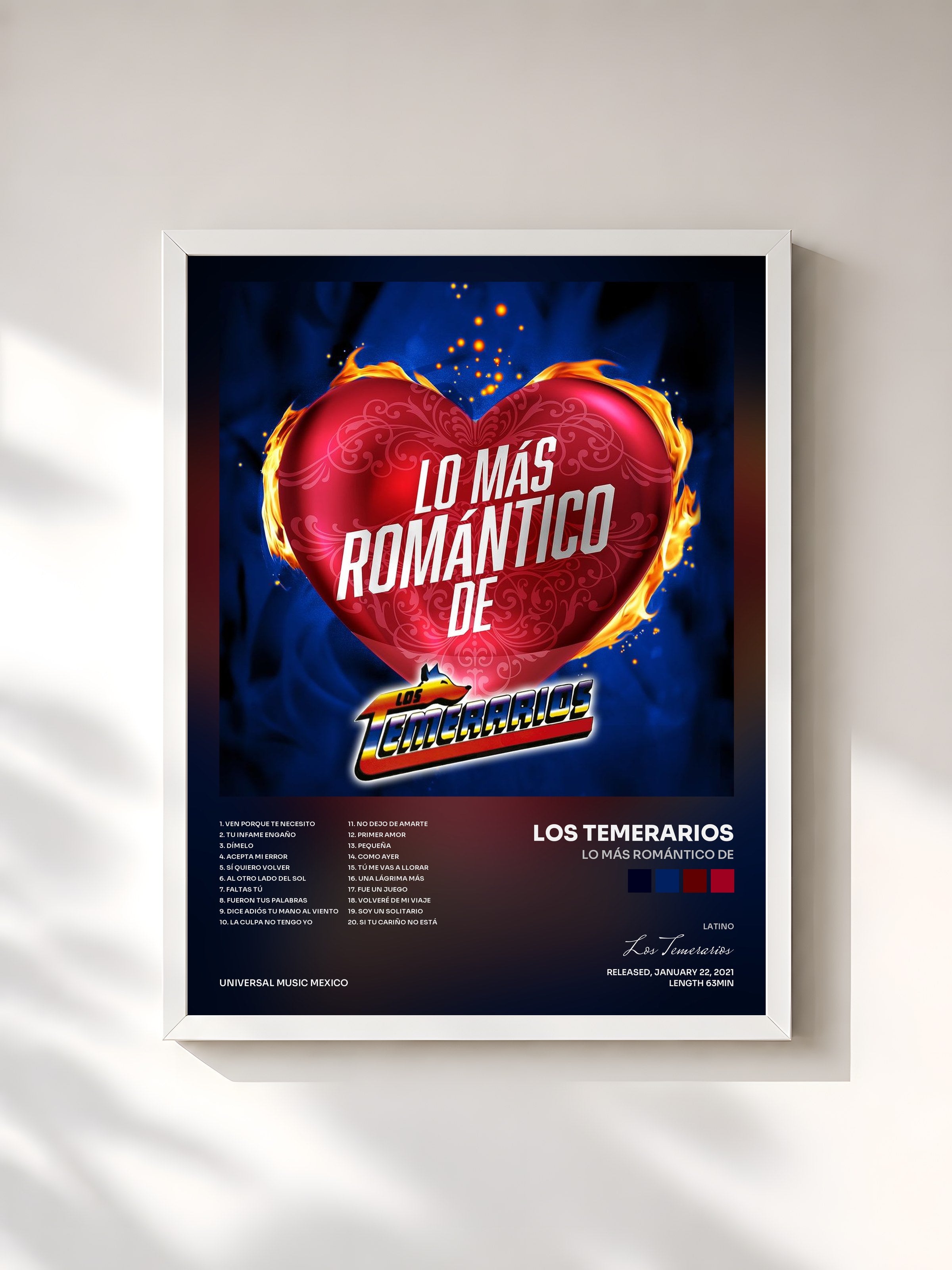 #blanc Tableau de l'album Lo Más Romántico De de Los Temerarios, cadre blanc, imprimé et encadré en France