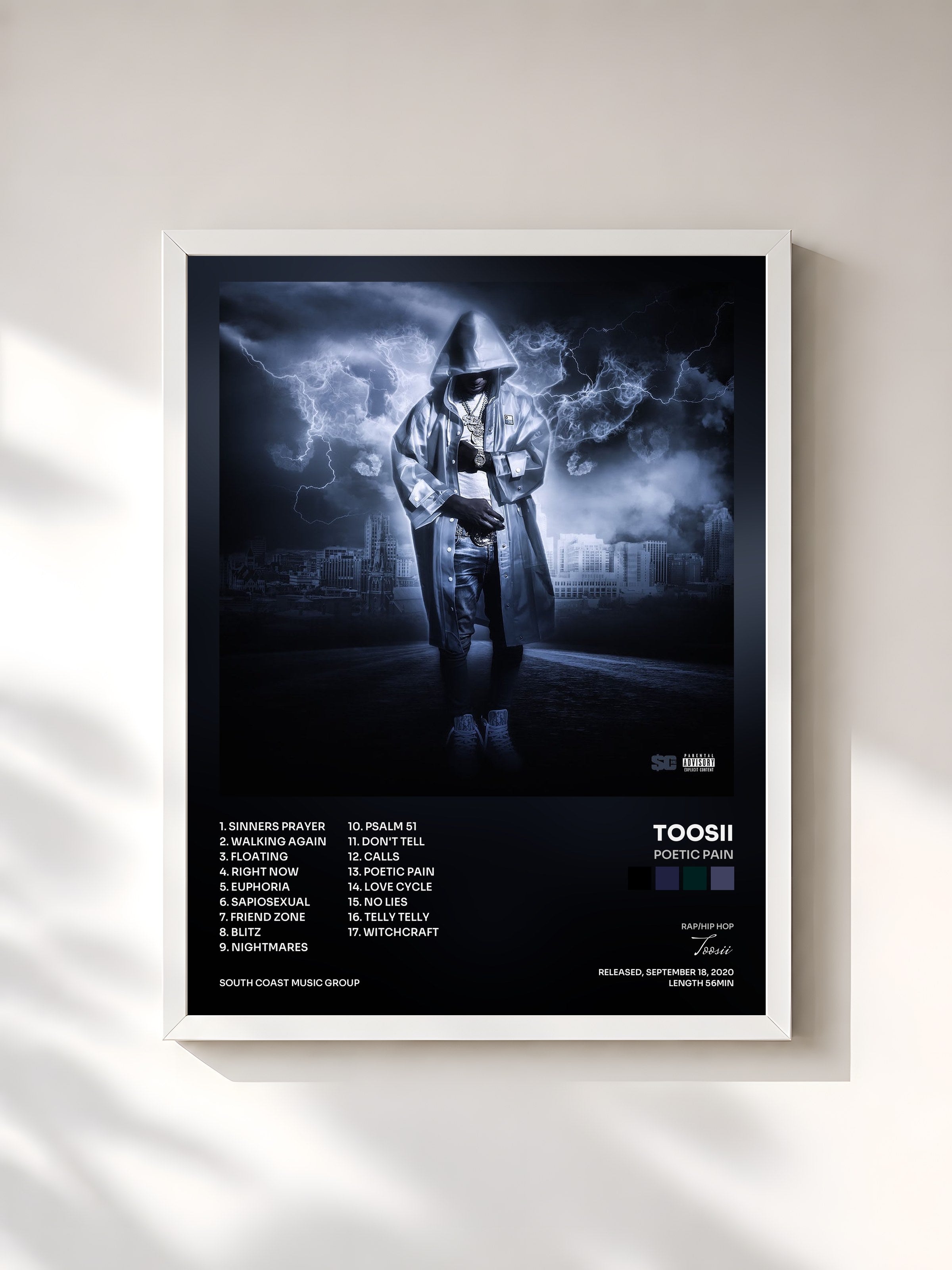 #blanc Tableau de l'album Poetic Pain de Toosii, cadre blanc, imprimé et encadré en France