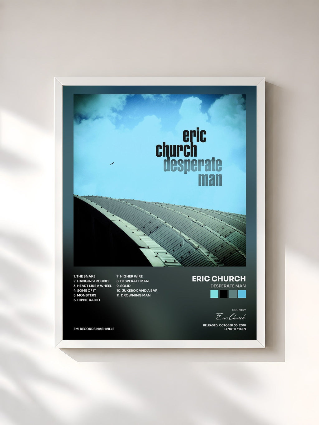 #blanc Desperate Man by Eric Church as a framed art print, white frame, printed and framed in France