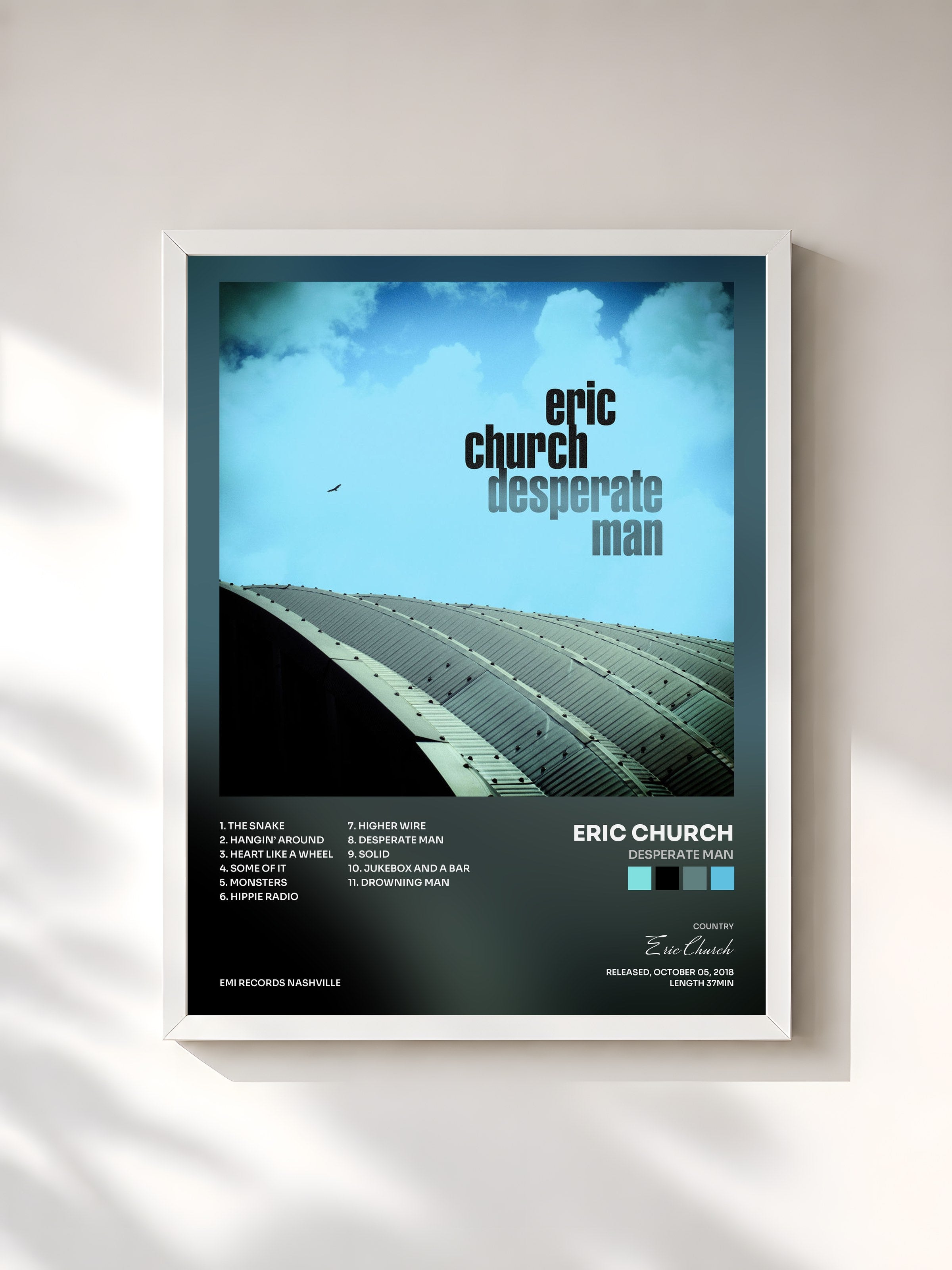 #blanc Tableau de l'album Desperate Man de Eric Church, cadre blanc, imprimé et encadré en France