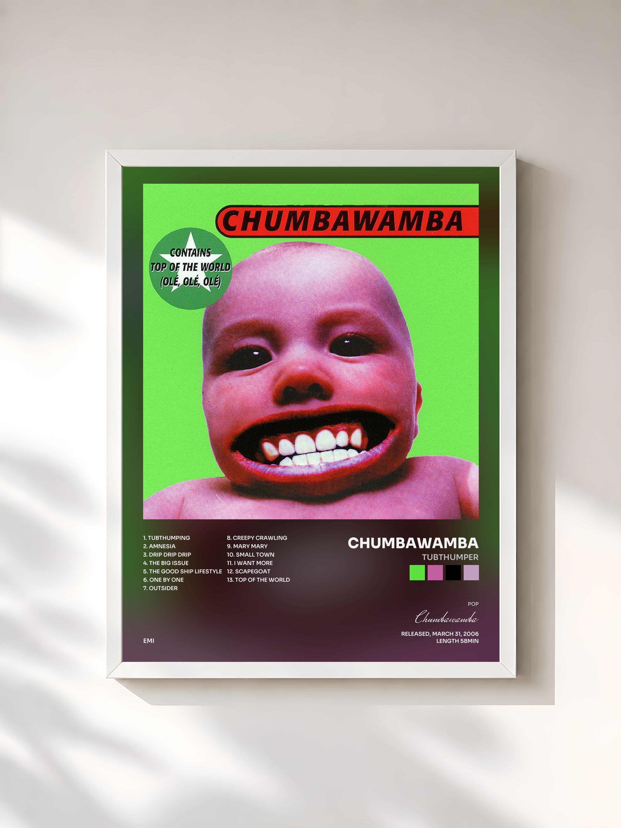 #blanc Tableau de l'album Tubthumper de Chumbawamba, cadre blanc, imprimé et encadré en France