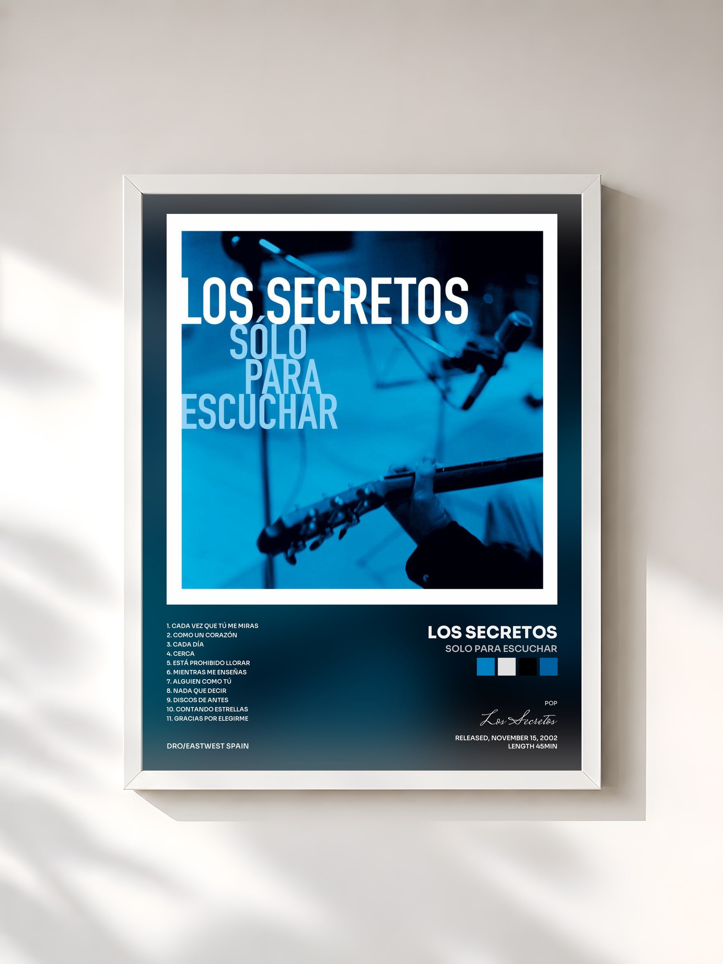 #blanc Tableau de l'album Solo Para Escuchar de Los Secretos, cadre blanc, imprimé et encadré en France