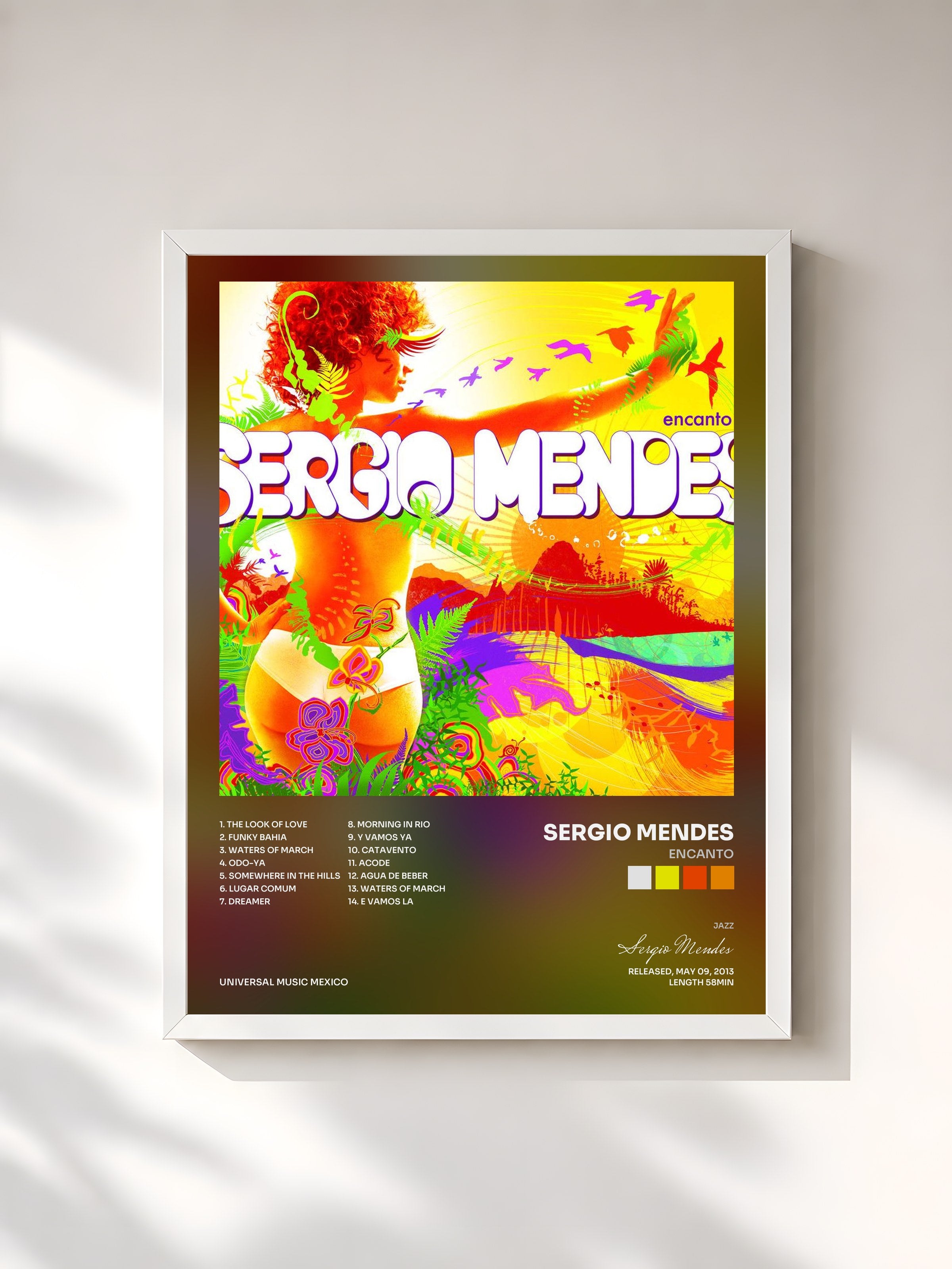 #blanc Tableau de l'album Encanto de Sergio Mendes, cadre blanc, imprimé et encadré en France