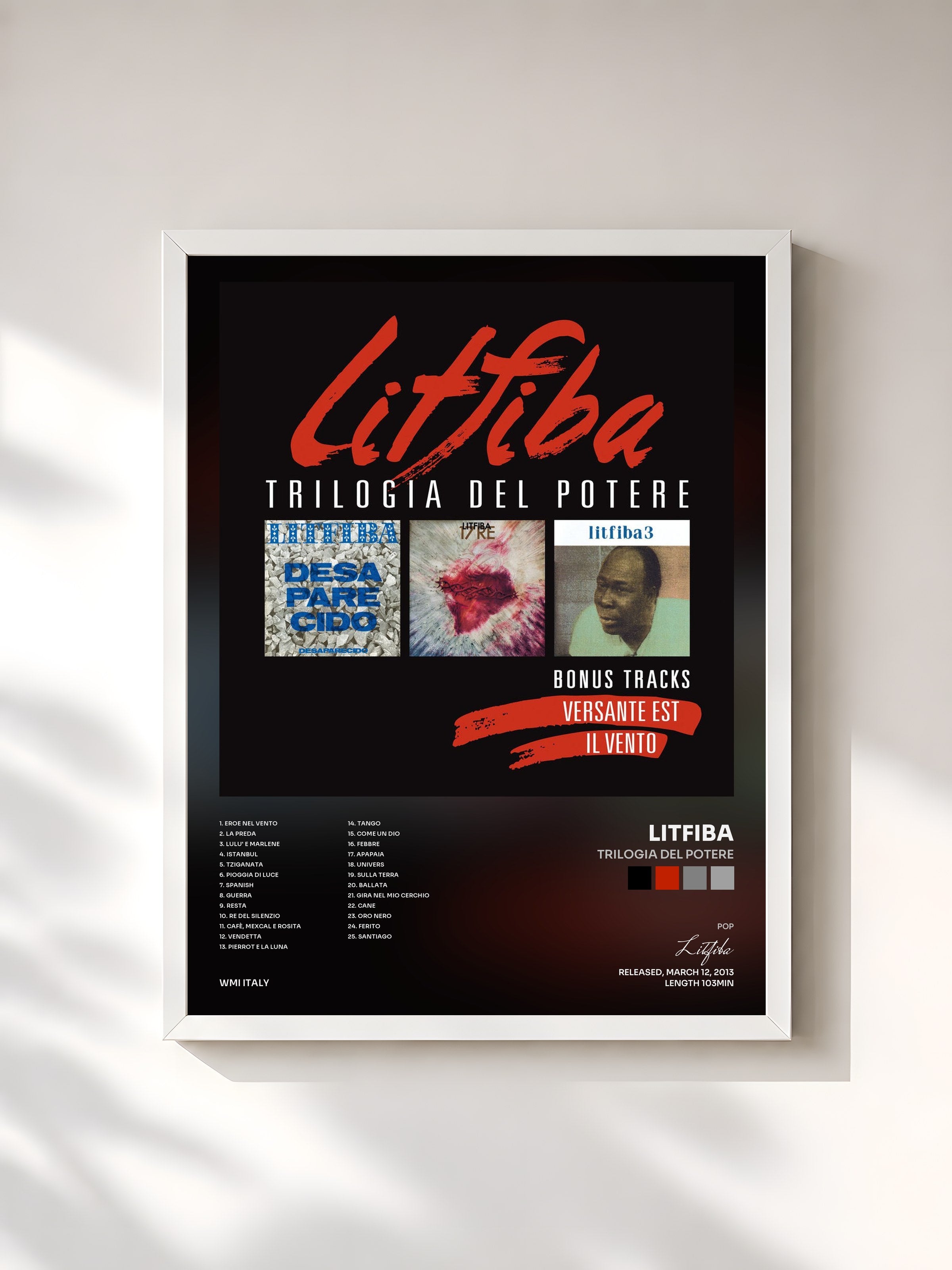 #blanc Tableau de l'album Trilogia del Potere de Litfiba, cadre blanc, imprimé et encadré en France