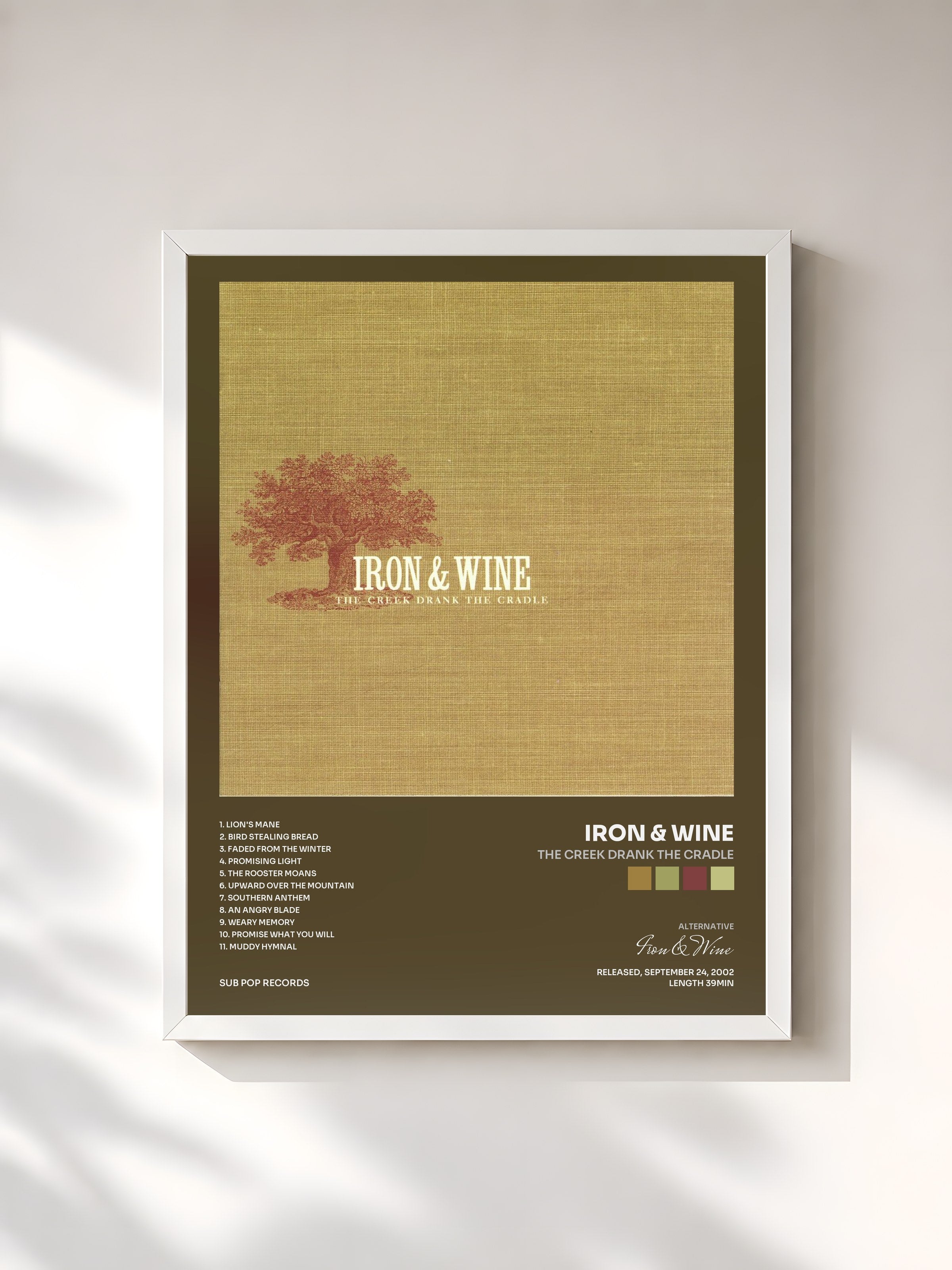 #blanc Tableau de l'album The Creek Drank the Cradle de Iron & Wine, cadre blanc, imprimé et encadré en France