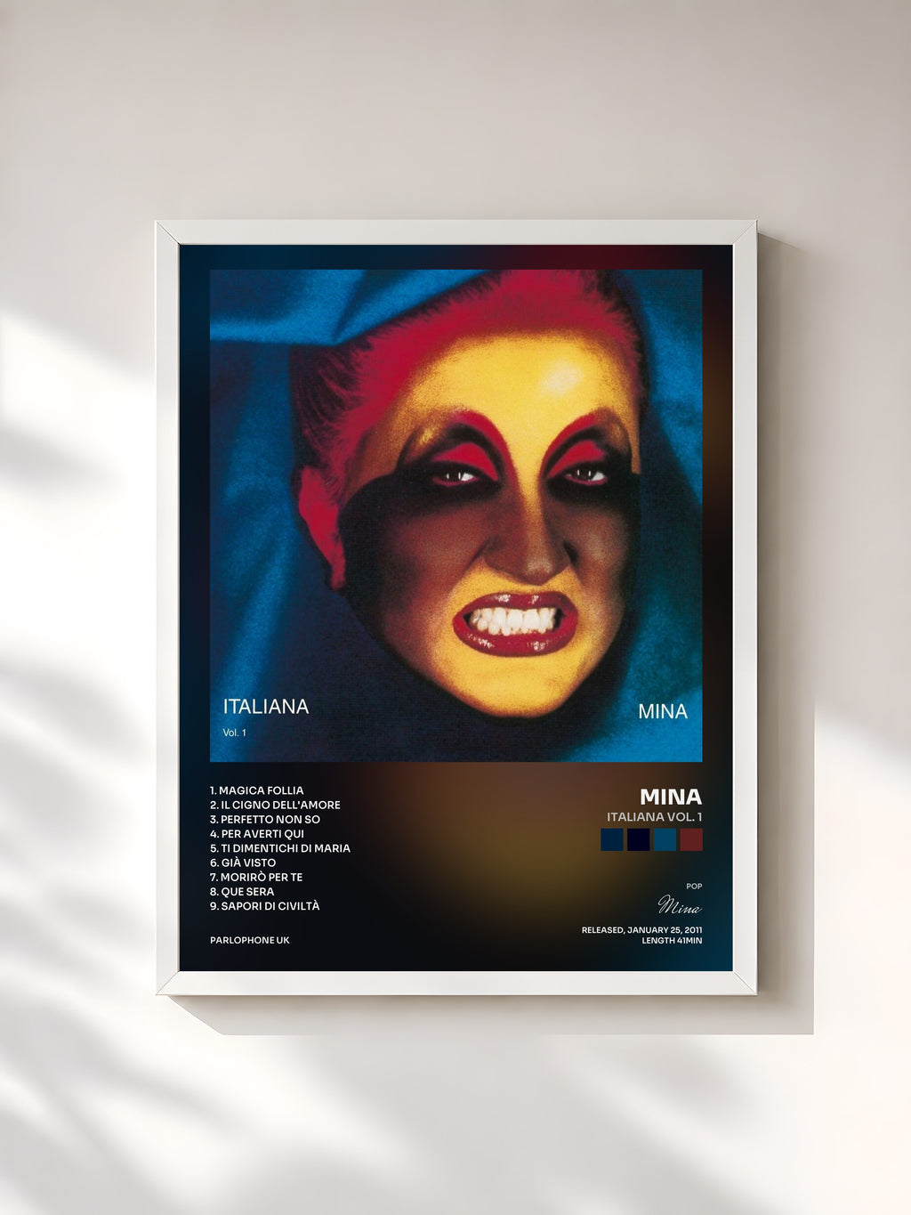 #blanc Tableau de l'album Italiana Vol. 1 de Mina, cadre blanc, imprimé et encadré en France