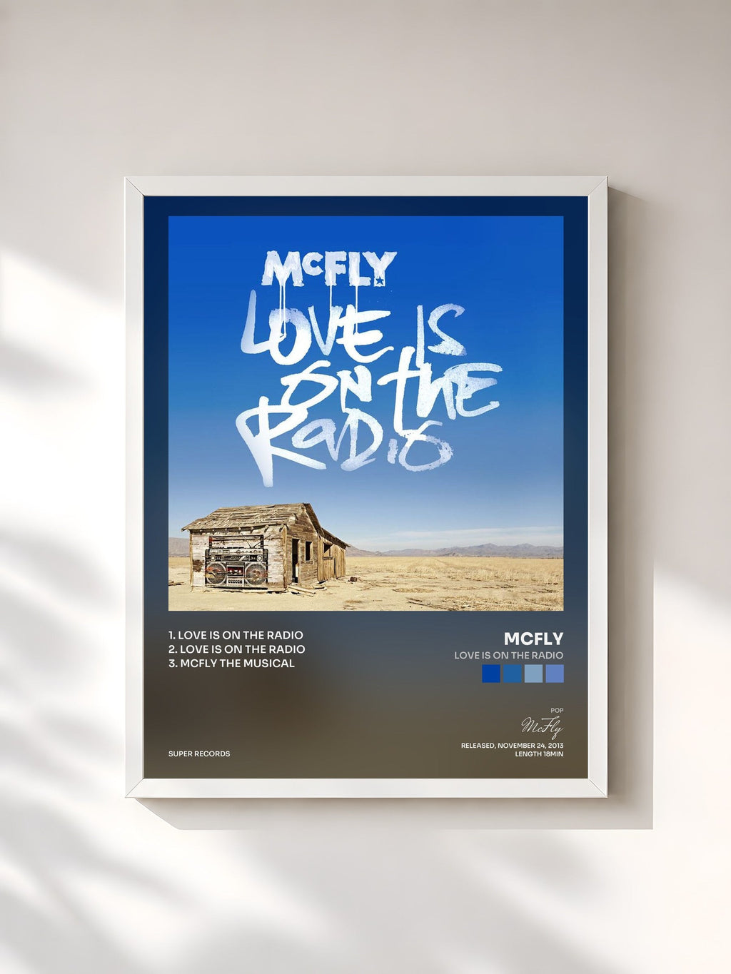 #blanc Tableau de l'album Love Is On The Radio de McFly, cadre blanc, imprimé et encadré en France