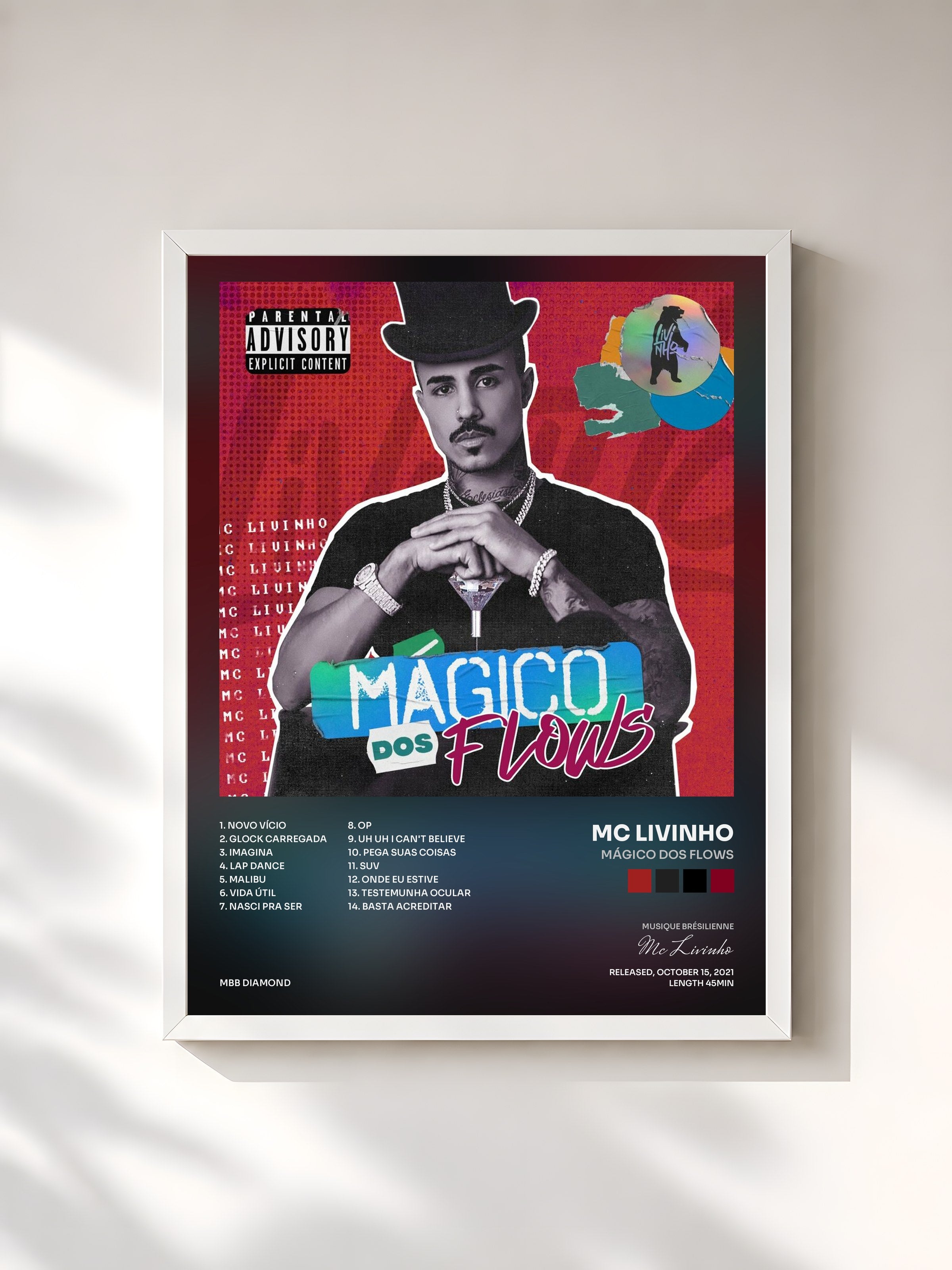 #blanc Tableau de l'album Mágico dos Flows de Mc Livinho, cadre blanc, imprimé et encadré en France