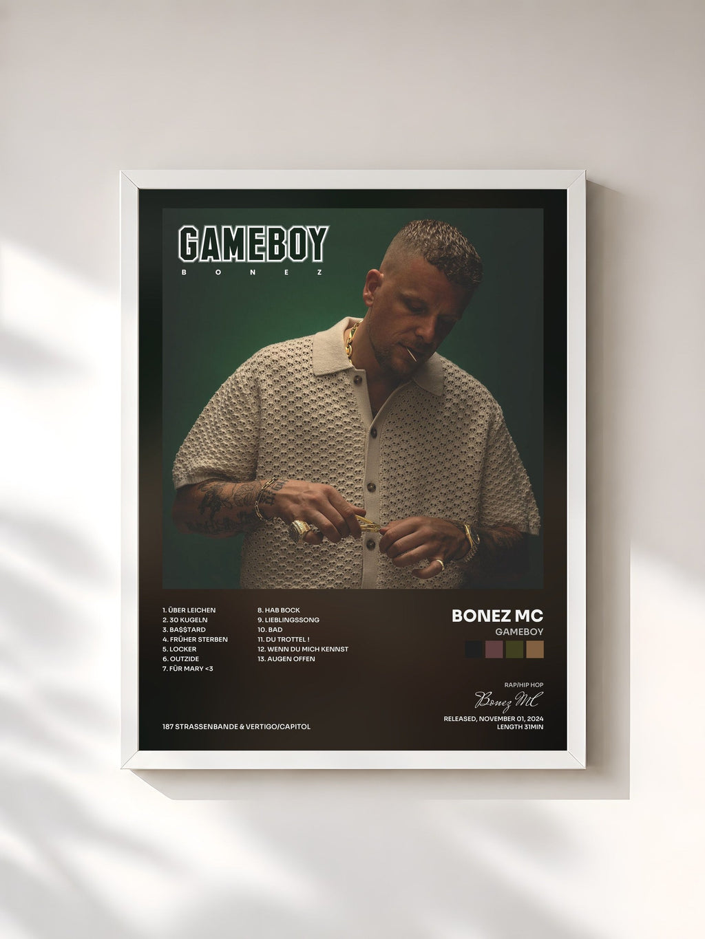 #blanc Tableau de l'album GAMEBOY de Bonez MC, cadre blanc, imprimé et encadré en France