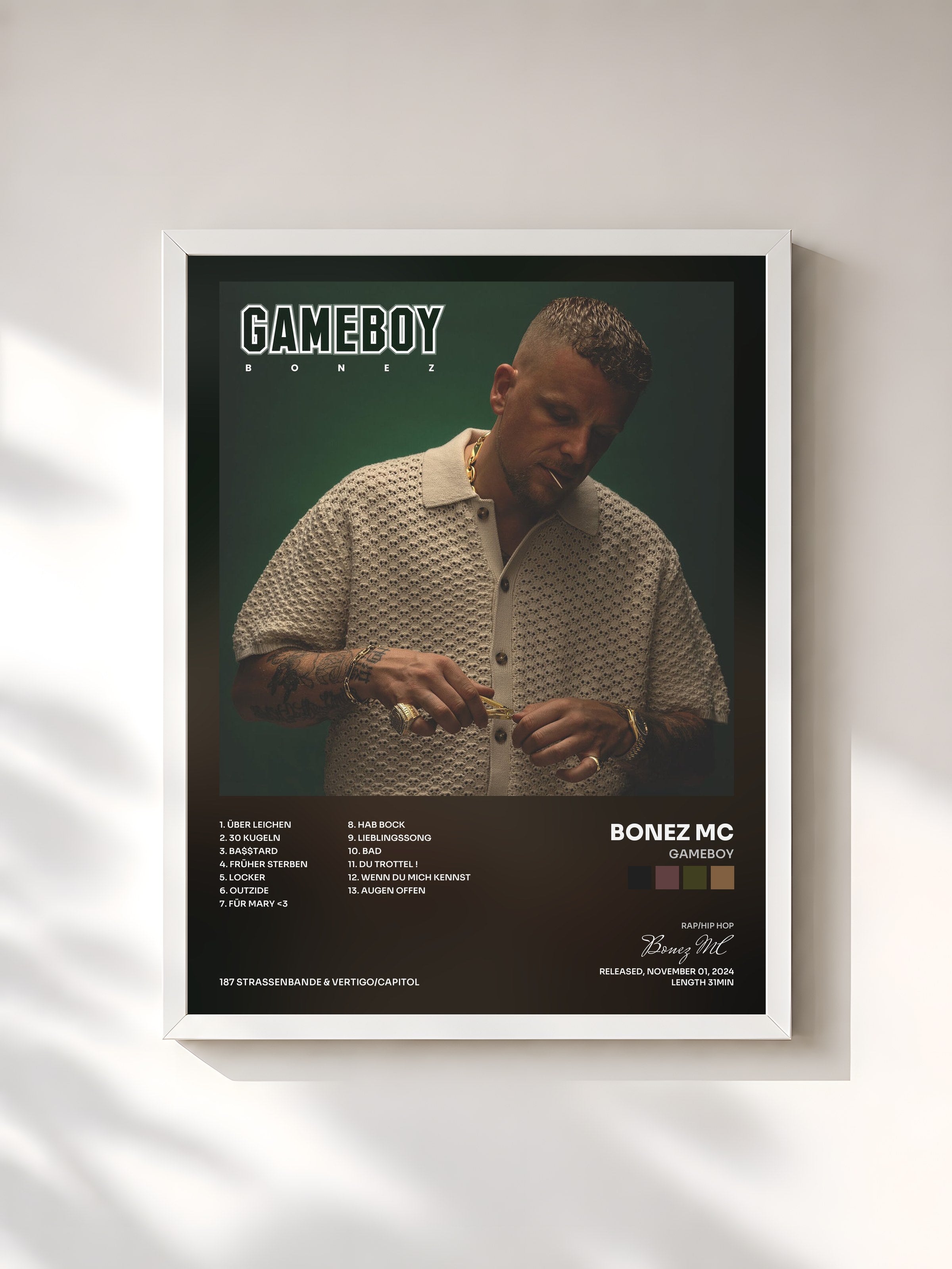 #blanc Tableau de l'album GAMEBOY de Bonez MC, cadre blanc, imprimé et encadré en France