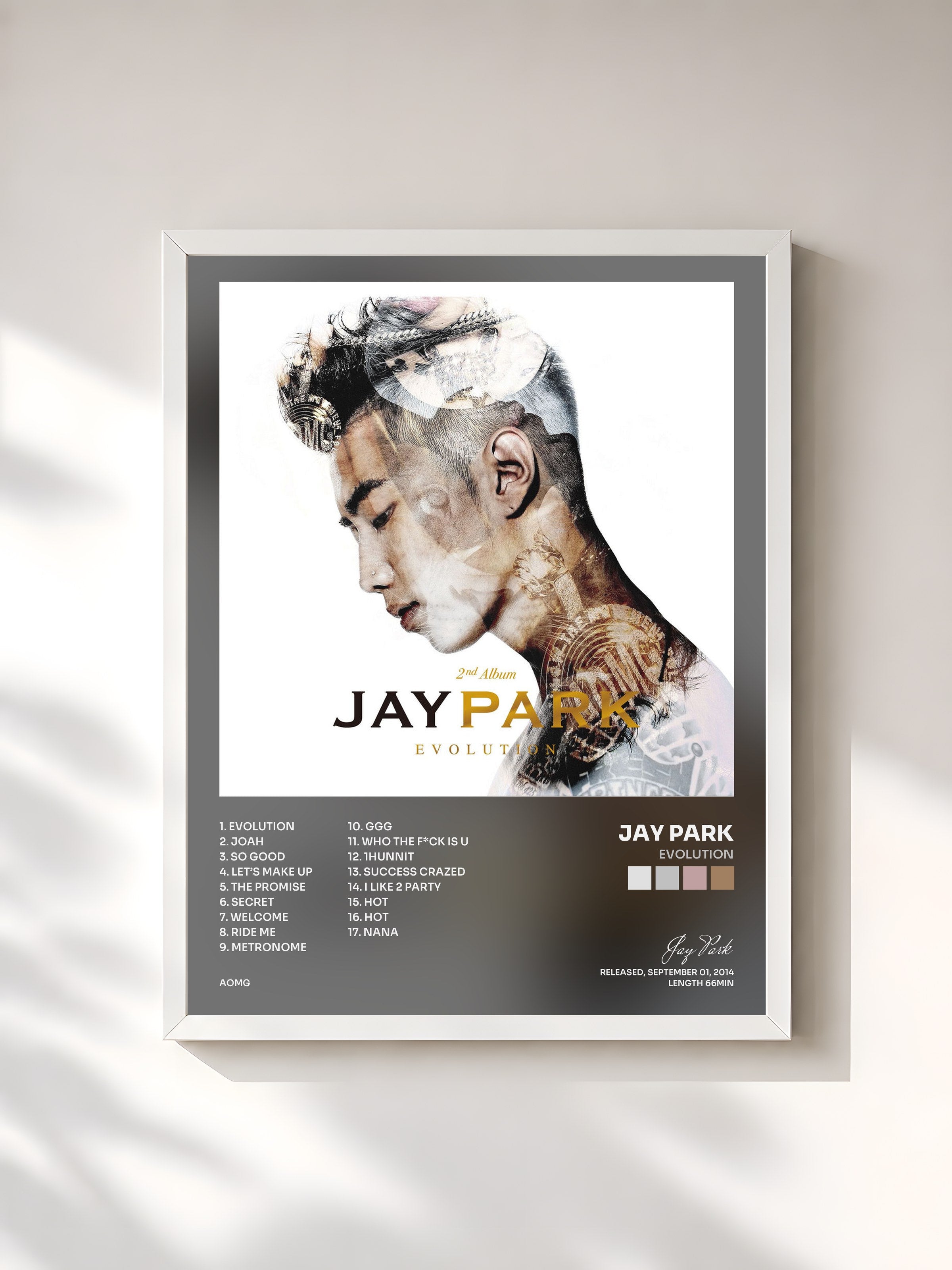 #blanc Tableau de l'album EVOLUTION de Jay Park, cadre blanc, imprimé et encadré en France