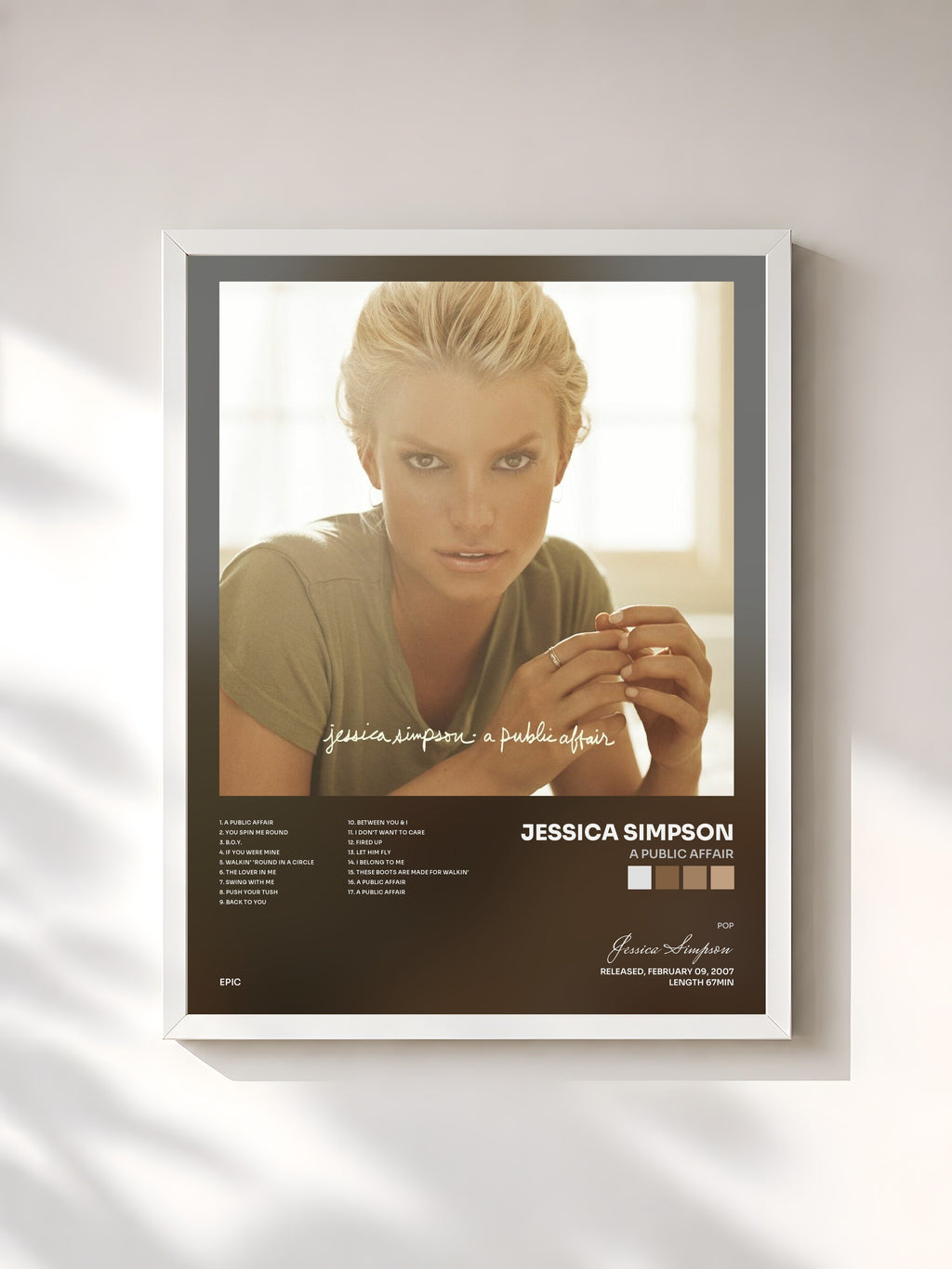 #blanc Tableau de l'album A Public Affair de Jessica Simpson, cadre blanc, imprimé et encadré en France