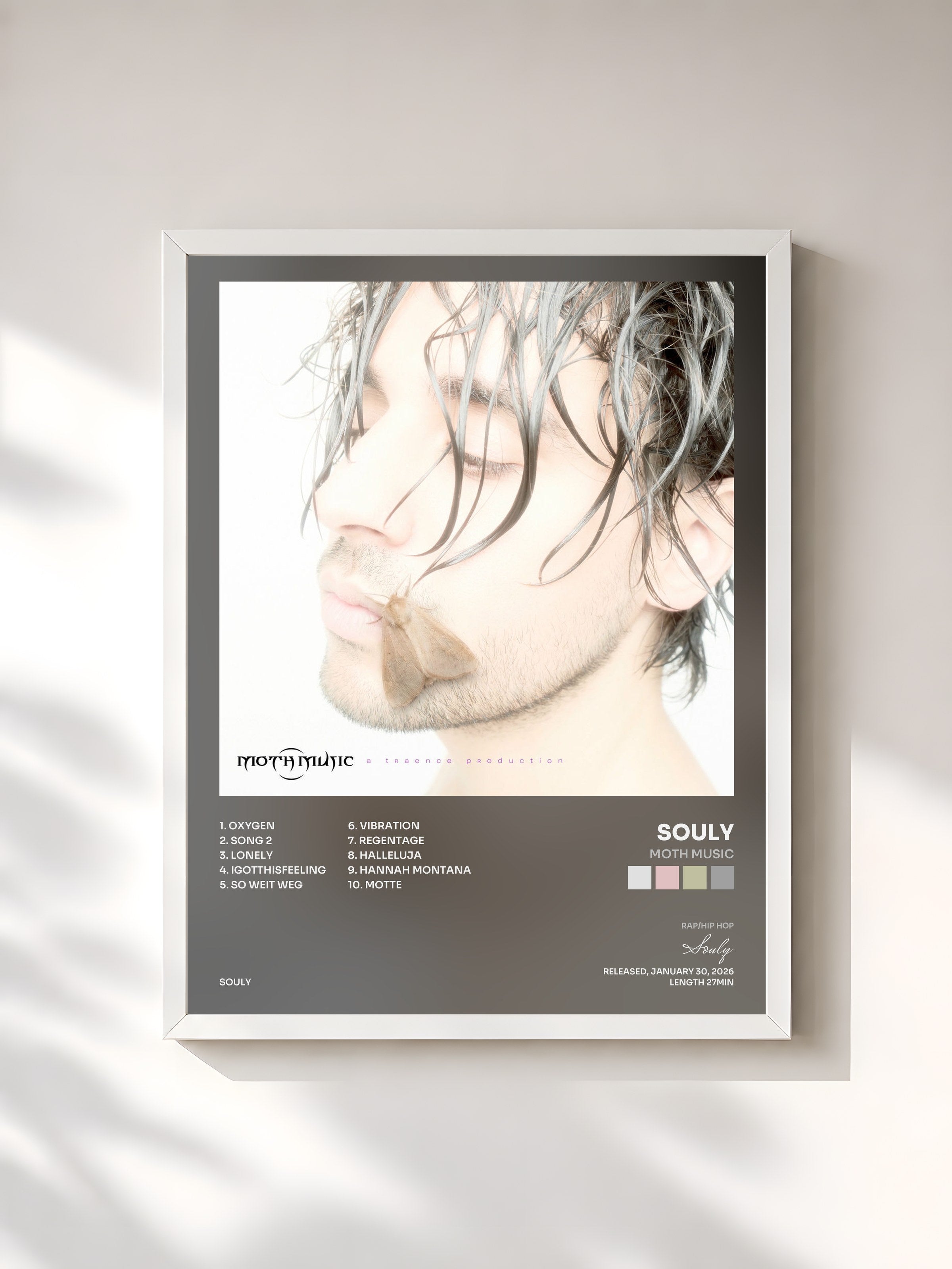 #blanc Tableau de l'album Moth Music de Souly, cadre blanc, imprimé et encadré en France