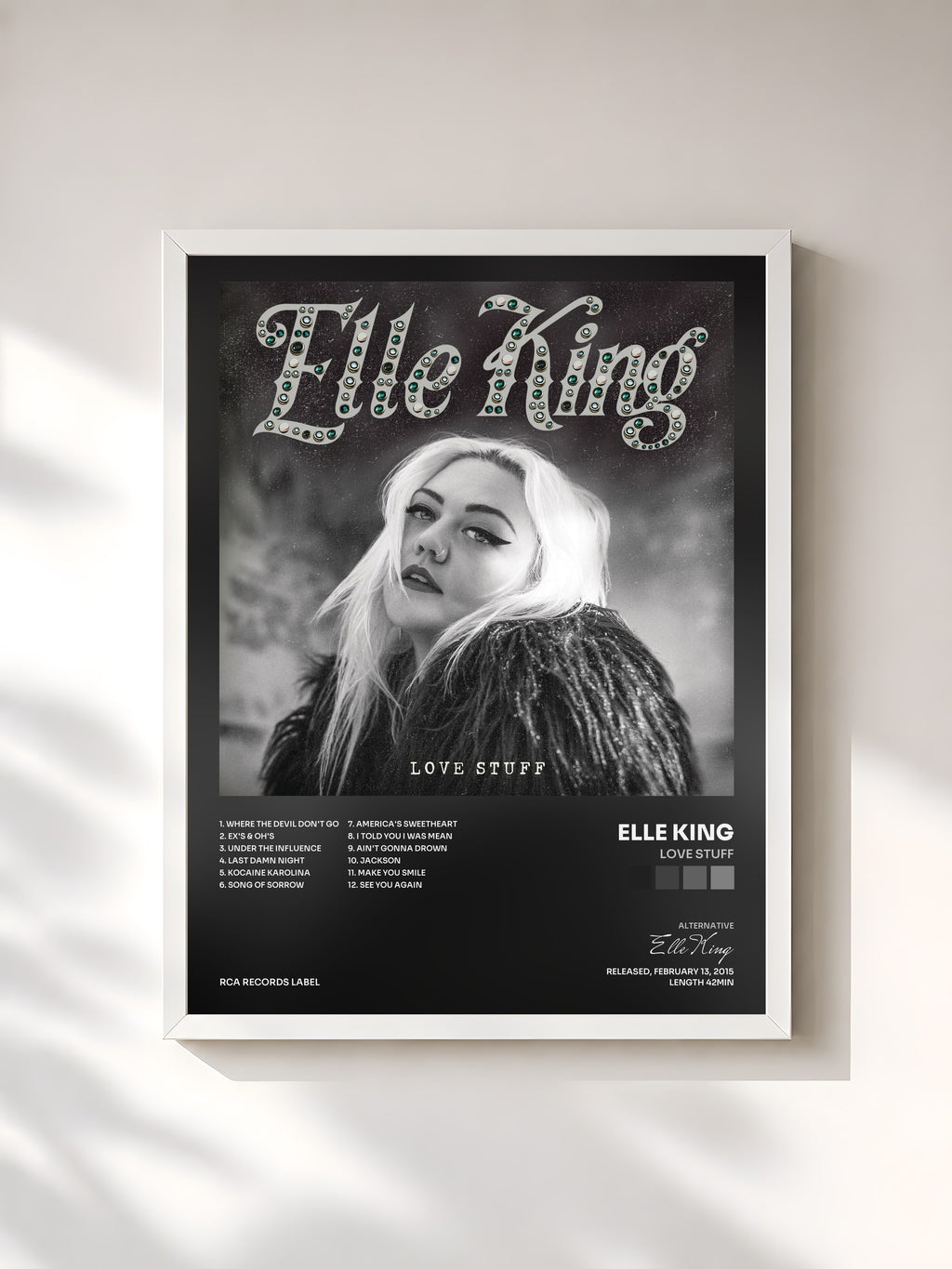 #blanc Tableau de l'album Love Stuff de Elle King, cadre blanc, imprimé et encadré en France