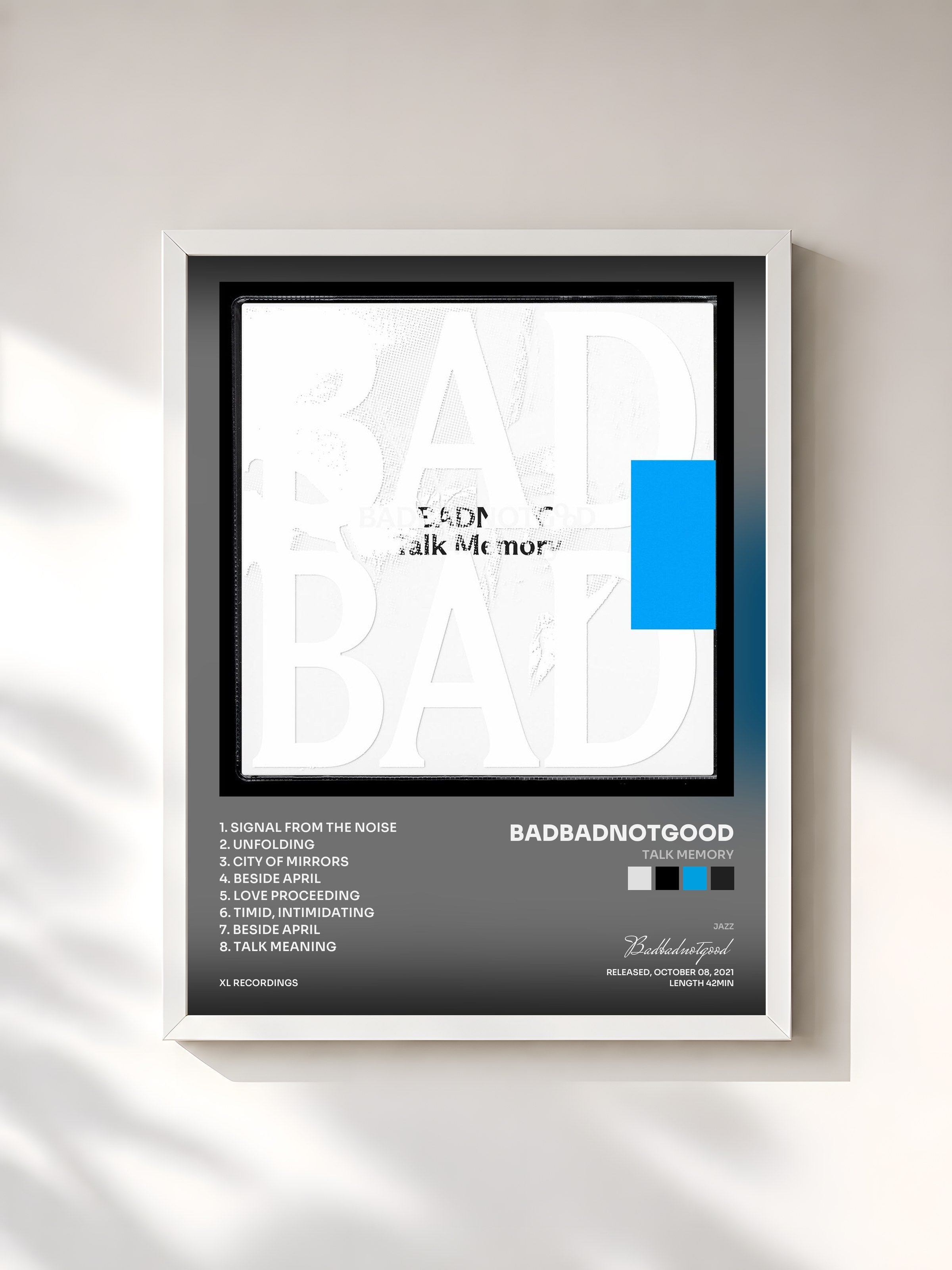 #blanc Tableau de l'album Talk Memory de Badbadnotgood, cadre blanc, imprimé et encadré en France