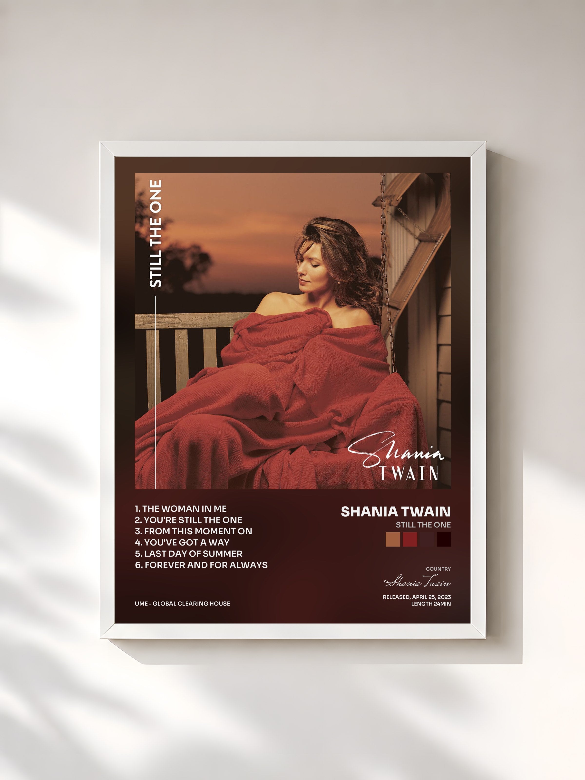 #blanc Tableau de l'album Still The One de Shania Twain, cadre blanc, imprimé et encadré en France