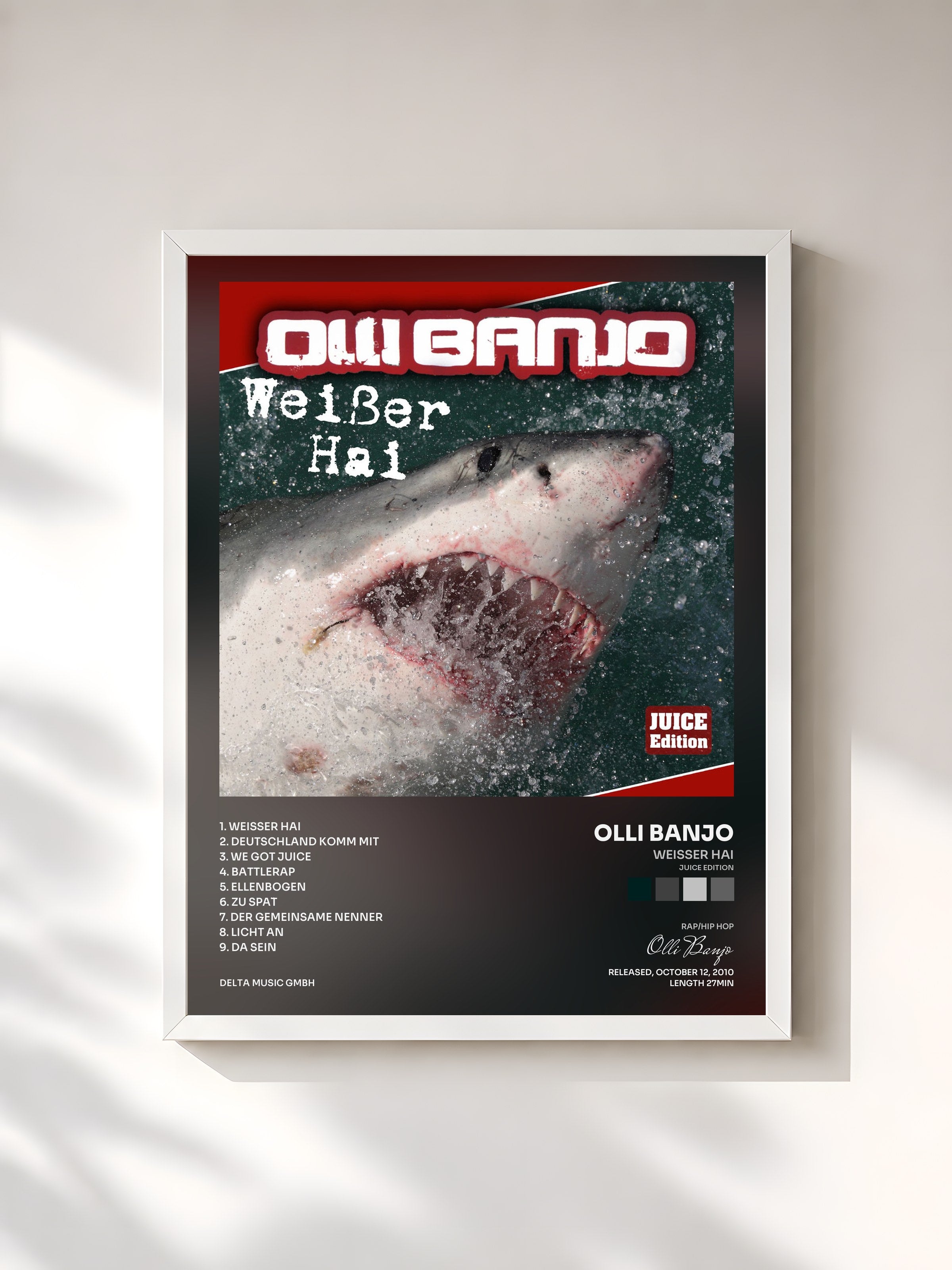 #blanc Tableau de l'album Weißer Hai (Juice Edition) de Olli Banjo, cadre blanc, imprimé et encadré en France