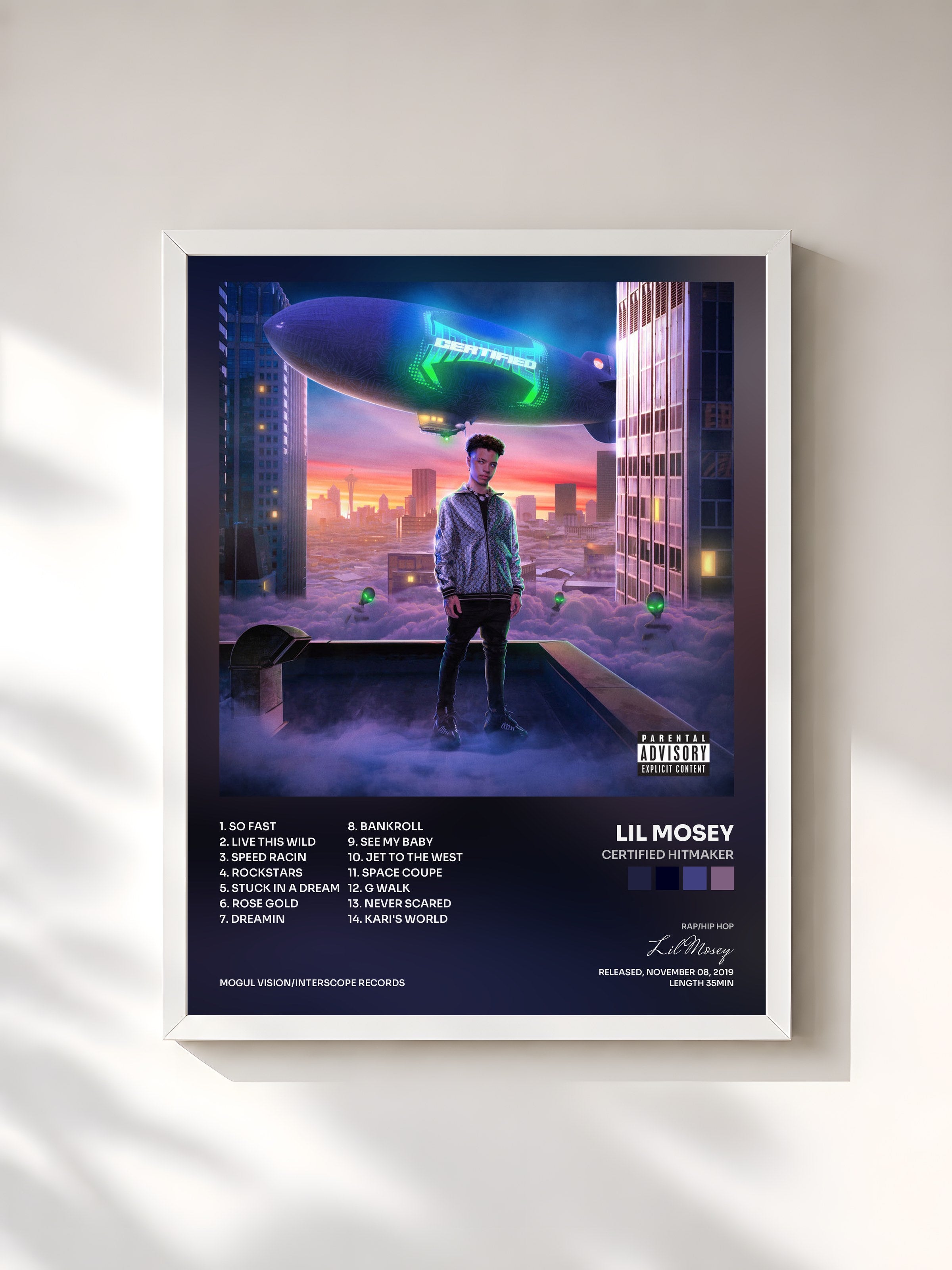 #blanc Tableau de l'album Certified Hitmaker de Lil Mosey, cadre blanc, imprimé et encadré en France
