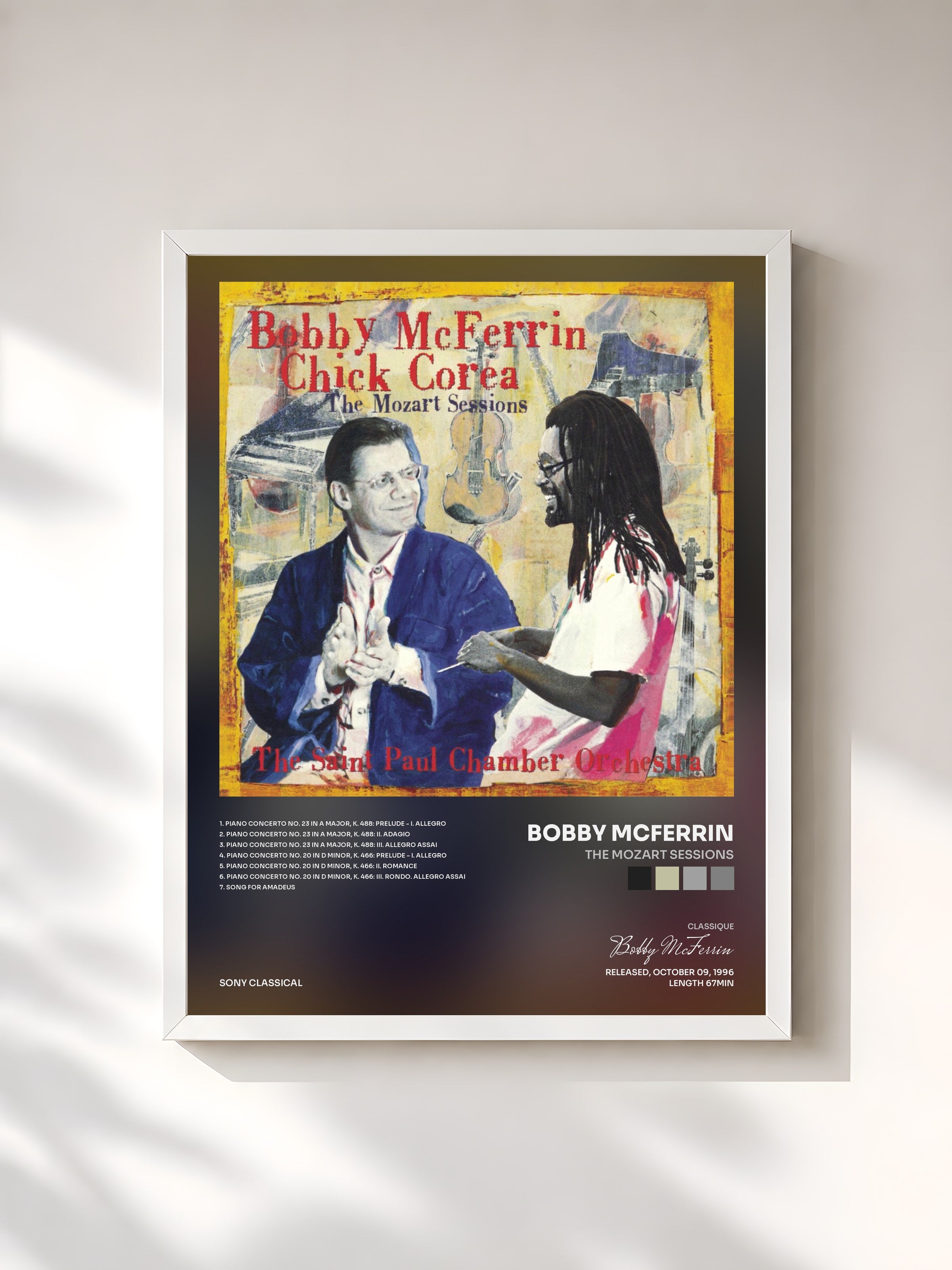 #blanc Tableau de l'album The Mozart Sessions de Bobby McFerrin, cadre blanc, imprimé et encadré en France