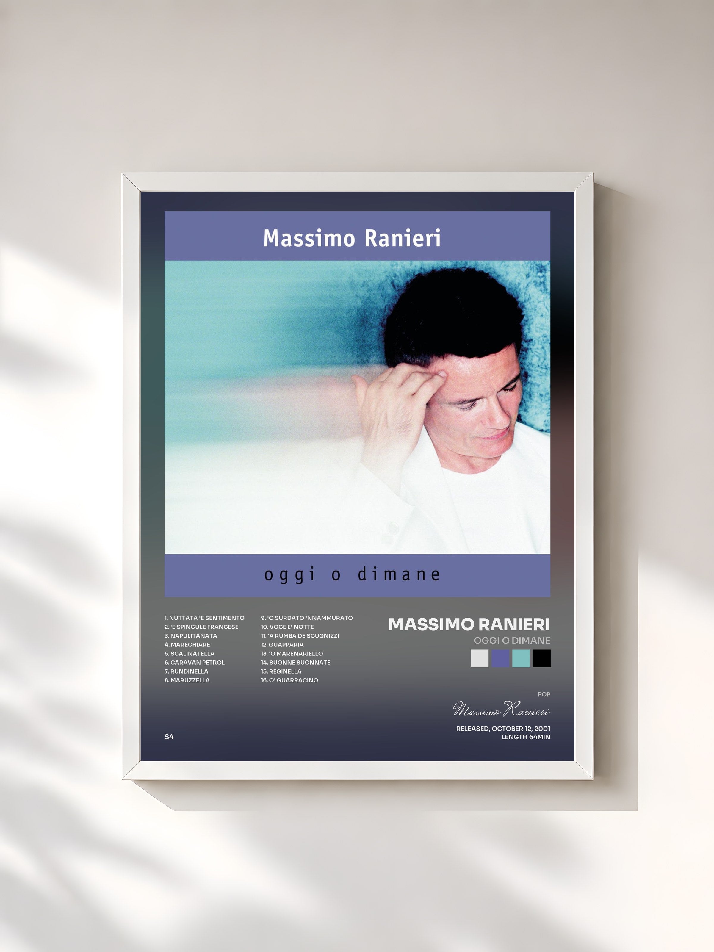 #blanc Tableau de l'album Oggi O Dimane de Massimo Ranieri, cadre blanc, imprimé et encadré en France