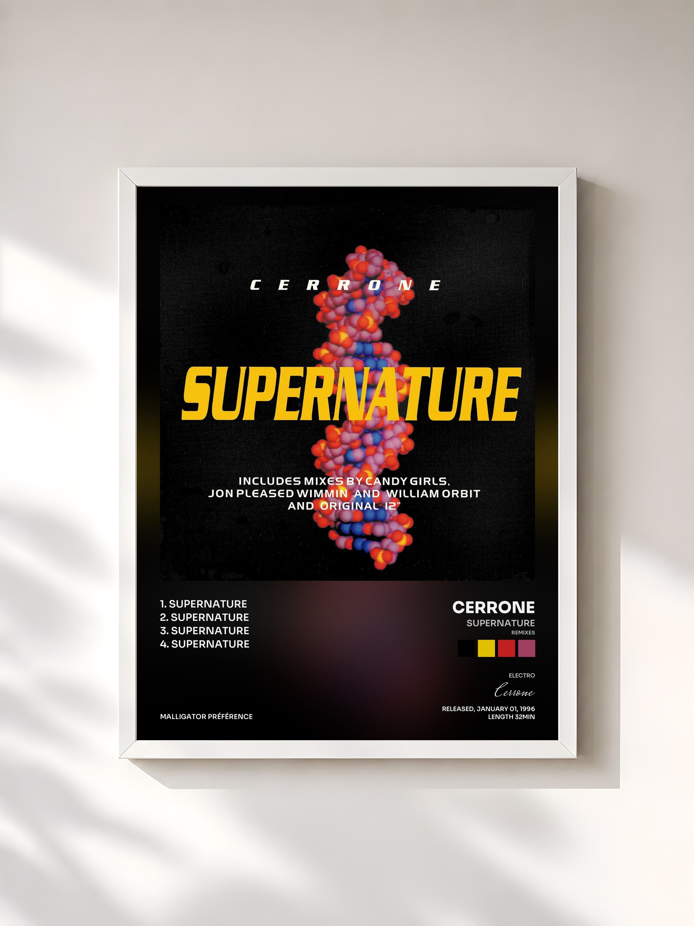 #blanc Tableau de l'album Supernature (Remixes) de Cerrone, cadre blanc, imprimé et encadré en France