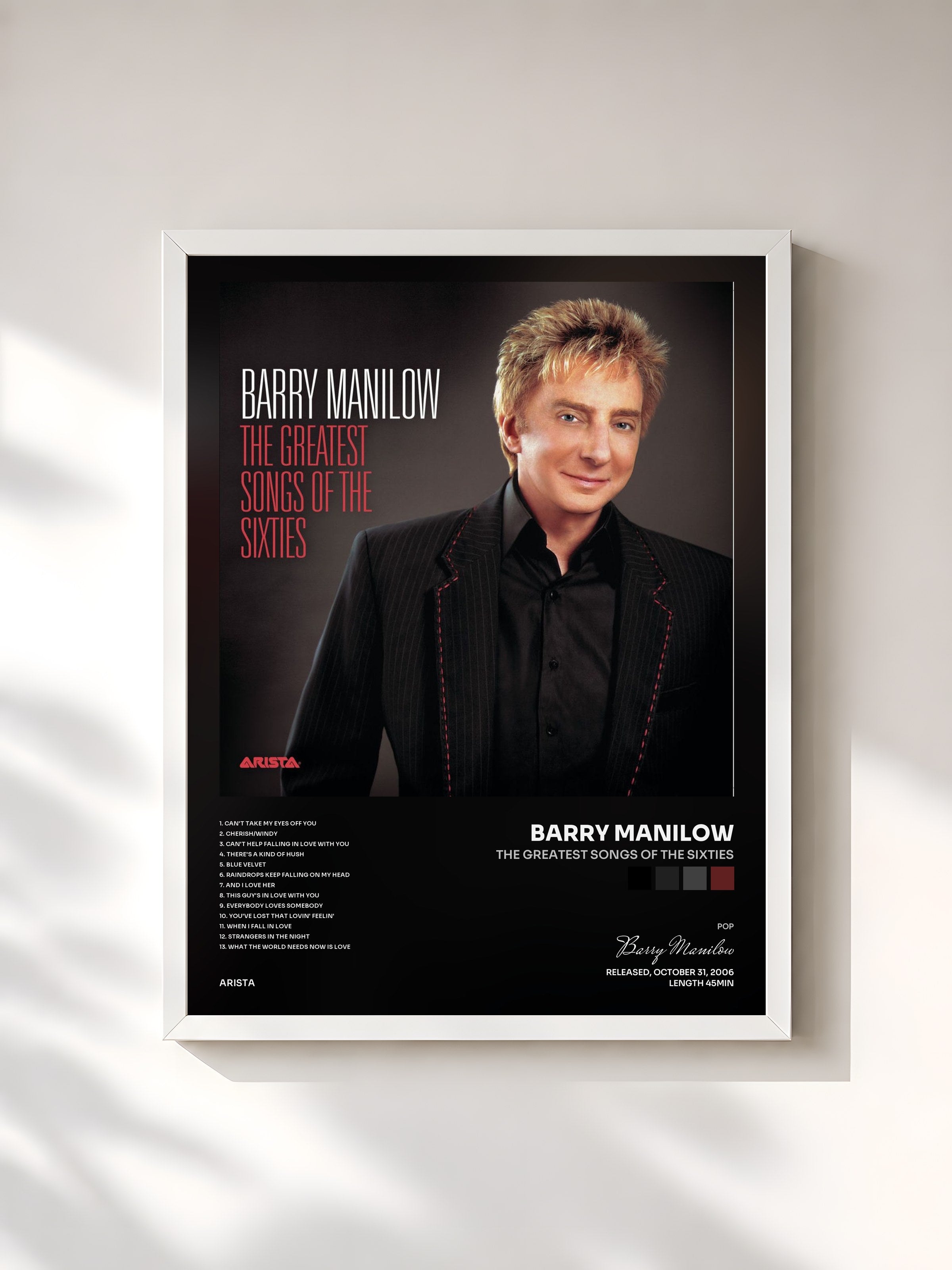 #blanc Tableau de l'album The Greatest Songs Of The Sixties de Barry Manilow, cadre blanc, imprimé et encadré en France