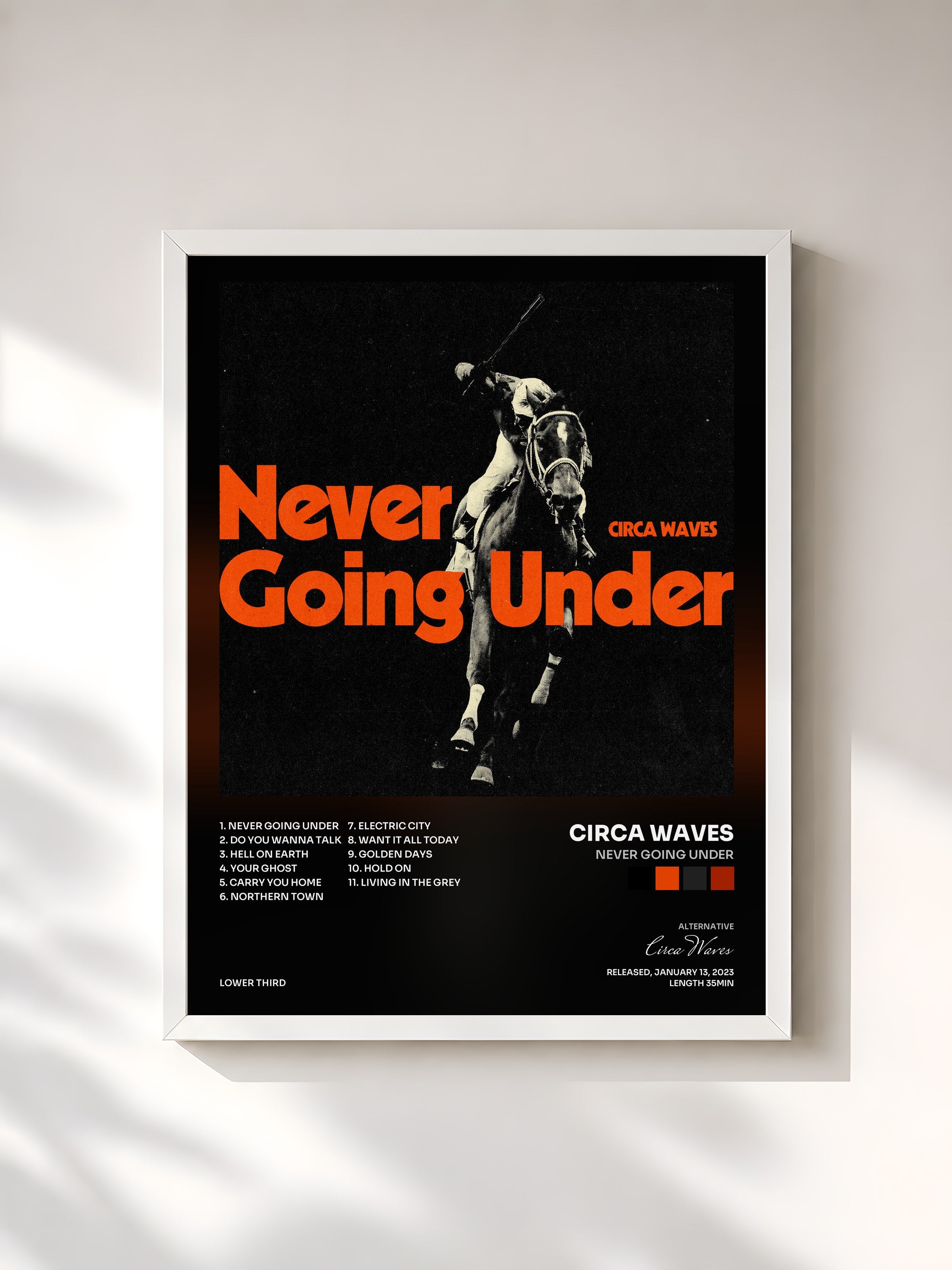 #blanc Tableau de l'album Never Going Under de Circa Waves, cadre blanc, imprimé et encadré en France
