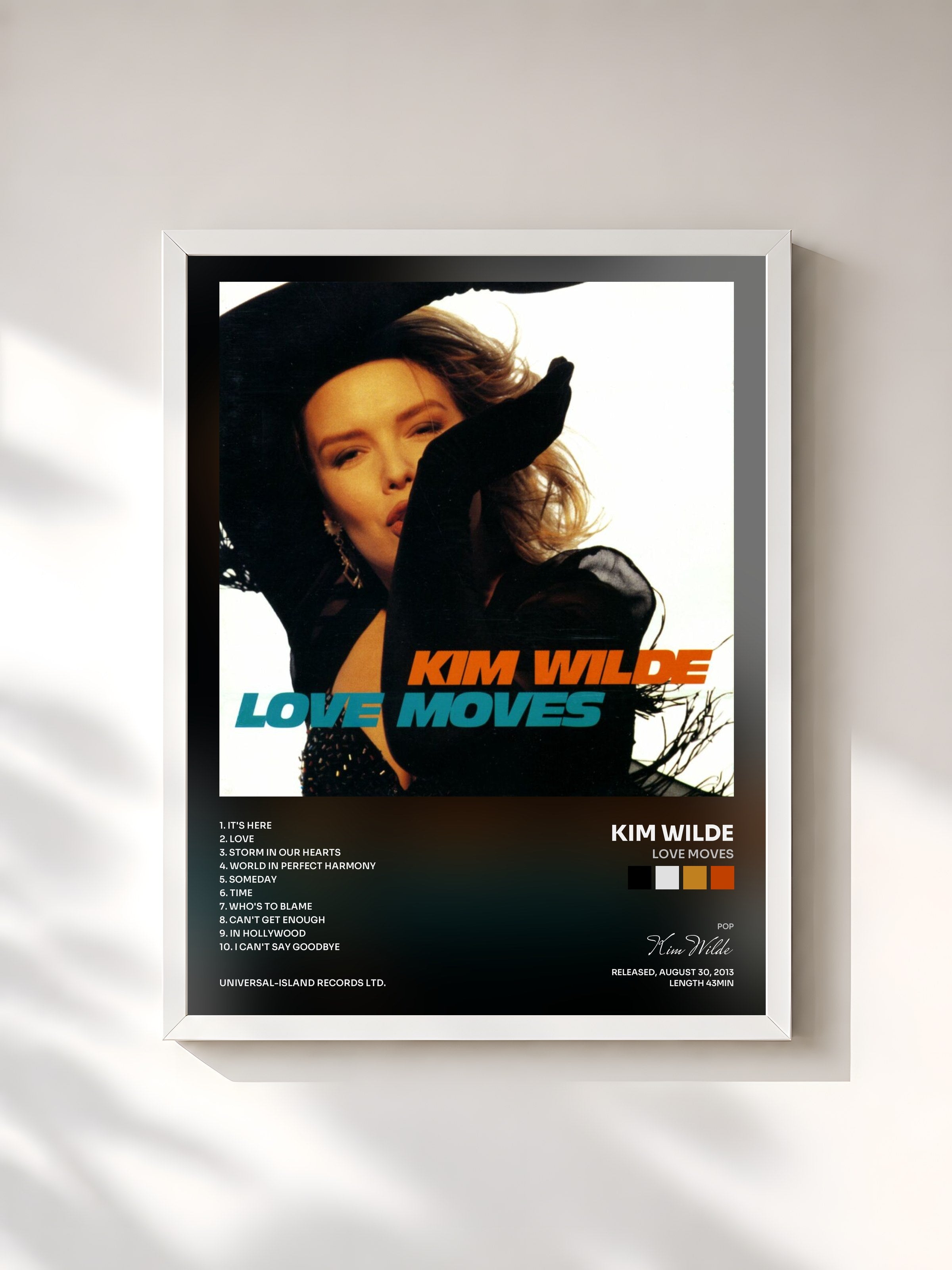 #blanc Tableau de l'album Love Moves de Kim Wilde, cadre blanc, imprimé et encadré en France