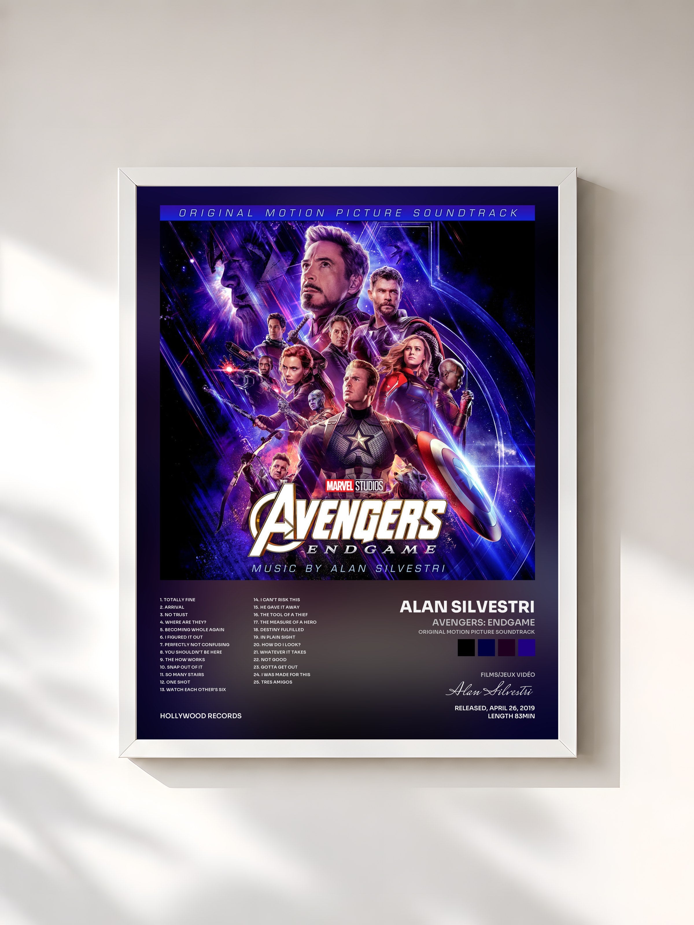 #blanc Tableau de l'album Avengers: Endgame (Original Motion Picture Soundtrack) de Alan Silvestri, cadre blanc, imprimé et encadré en France