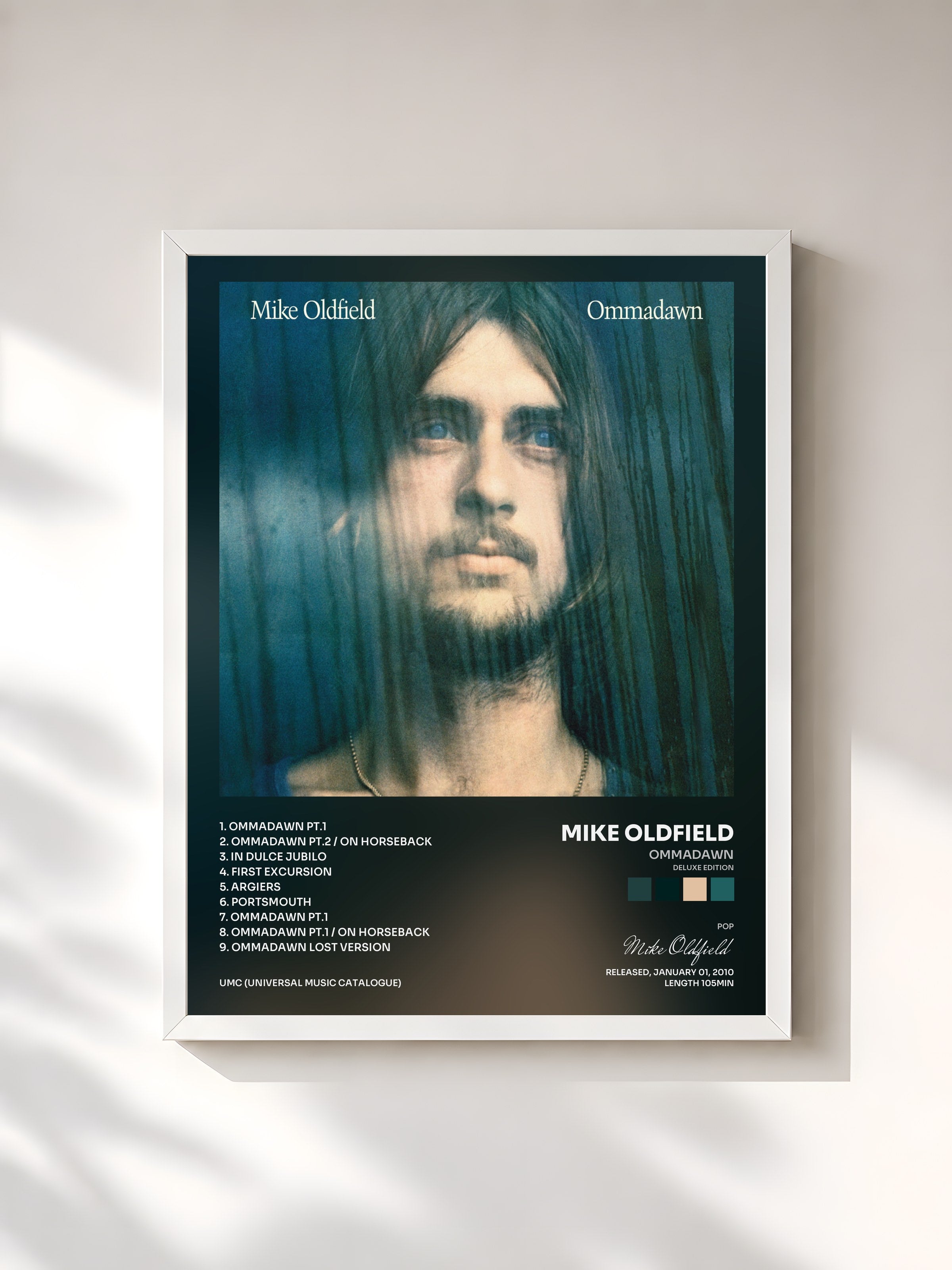 #blanc Tableau de l'album Ommadawn (Deluxe Edition) de Mike Oldfield, cadre blanc, imprimé et encadré en France