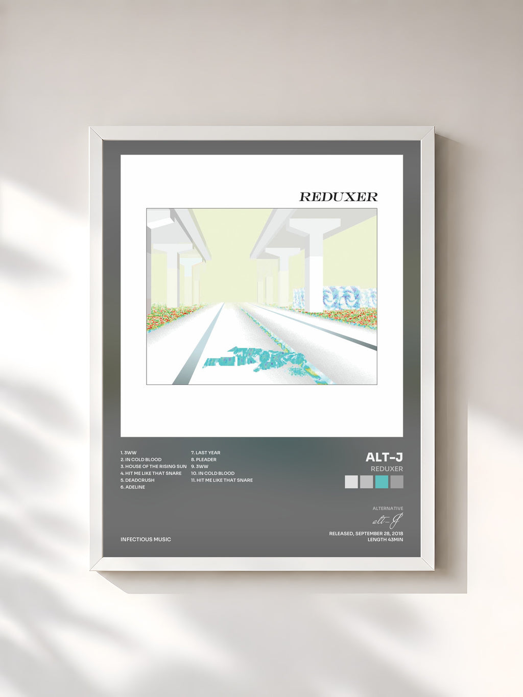 #blanc Tableau de l'album REDUXER de alt-J, cadre blanc, imprimé et encadré en France