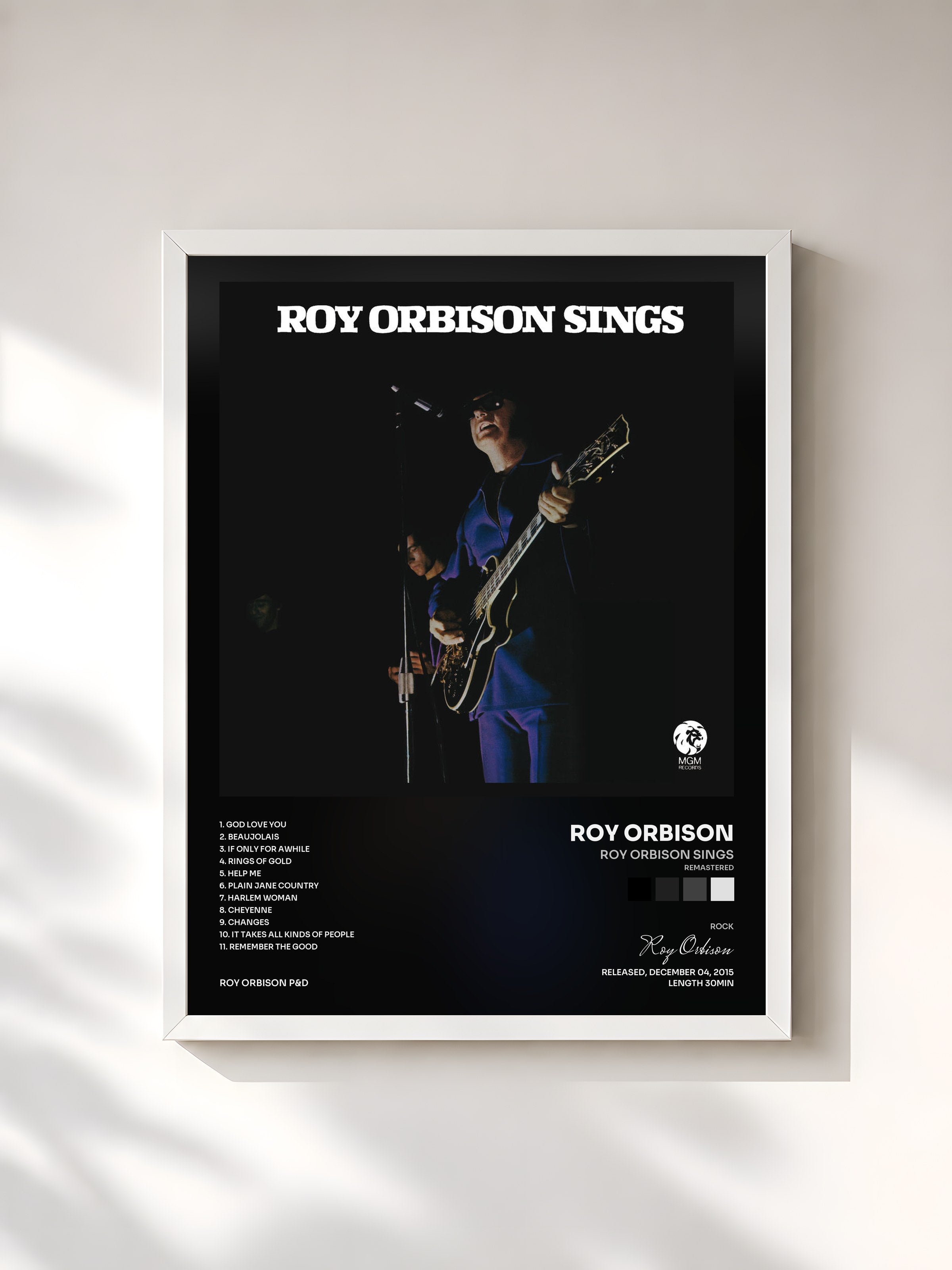 #blanc Tableau de l'album Roy Orbison Sings (Remastered) de Roy Orbison, cadre blanc, imprimé et encadré en France
