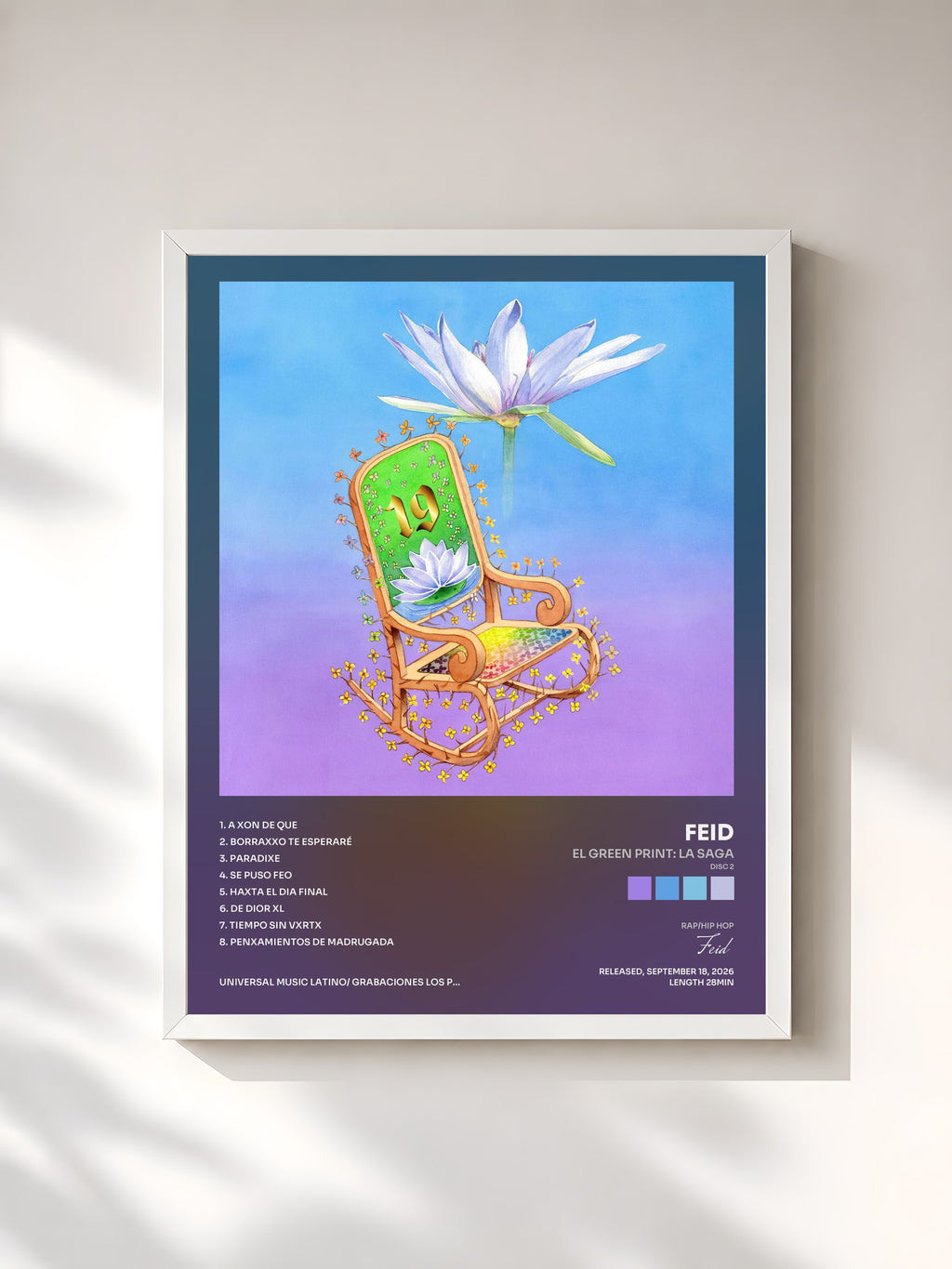 #blanc Tableau de l'album EL GREEN PRINT: La Saga (Disc 2) - EL CLUB DE LAS 19 FLORES de Feid, cadre blanc, imprimé et encadré en France