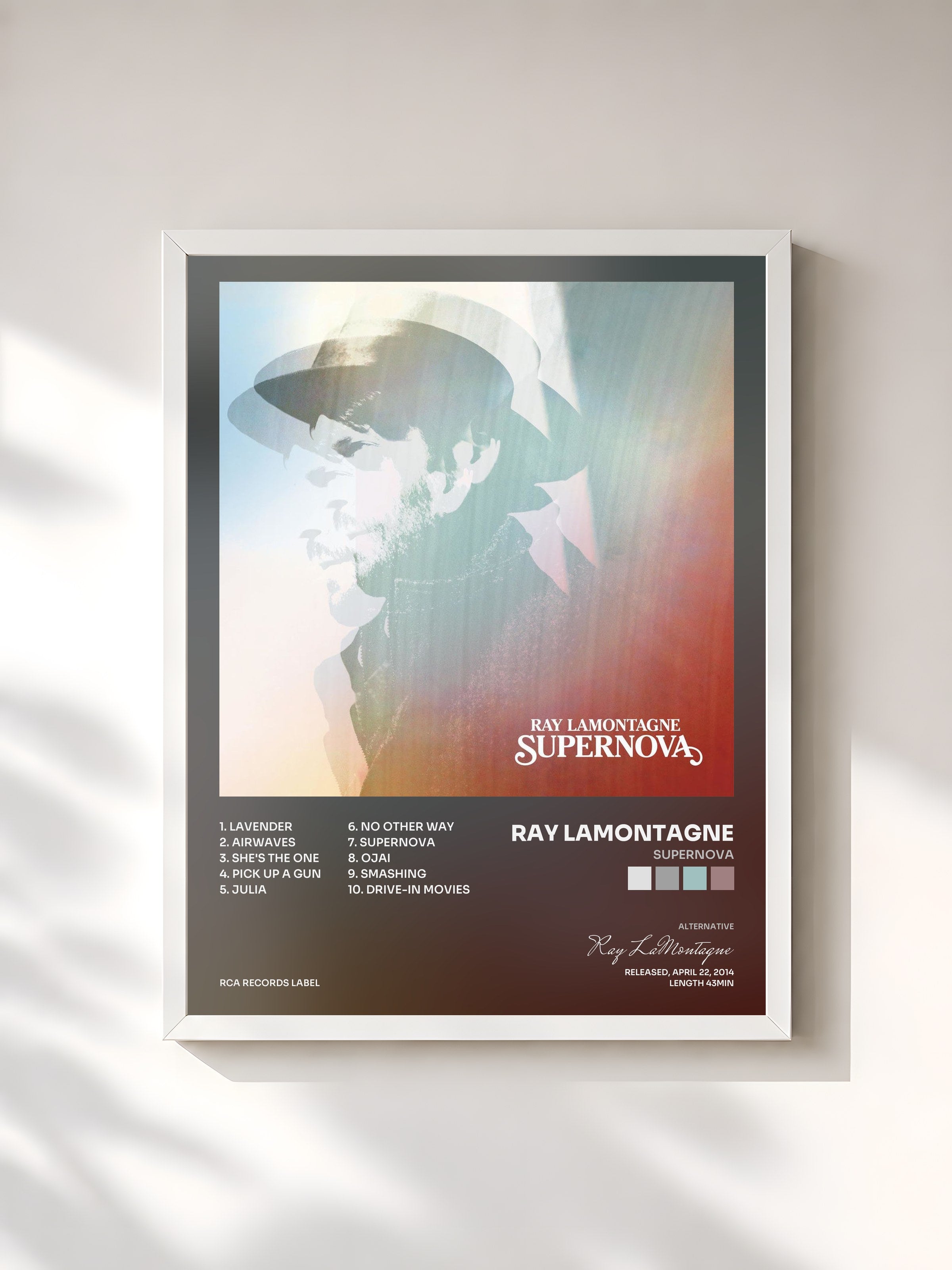 #blanc Tableau de l'album Supernova de Ray LaMontagne, cadre blanc, imprimé et encadré en France