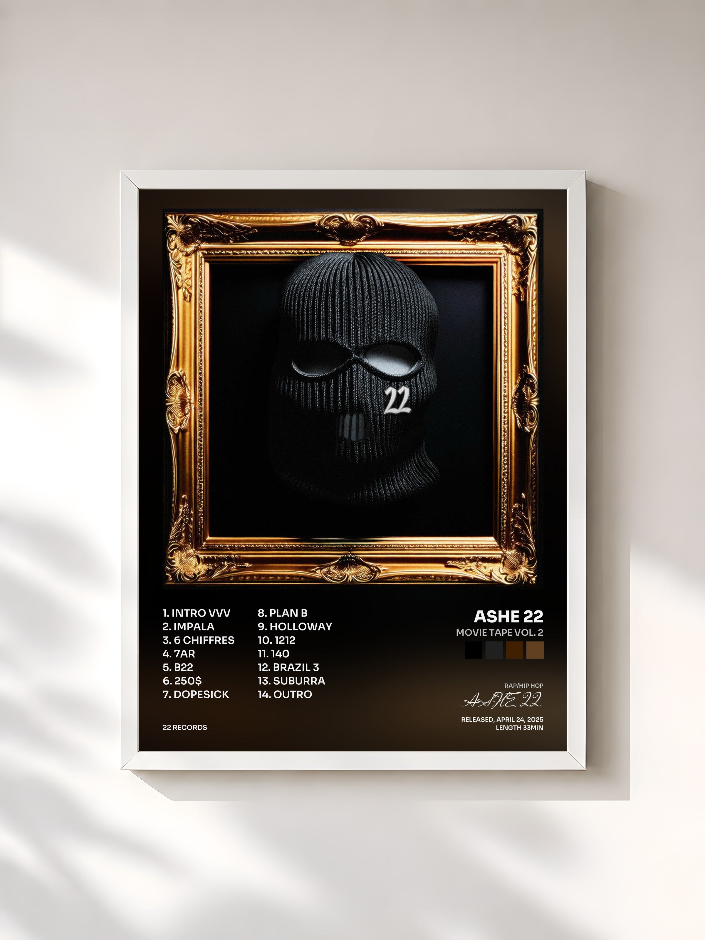 #blanc Tableau de l'album MOVIE TAPE VOL. 2 de ASHE 22, cadre blanc, imprimé et encadré en France