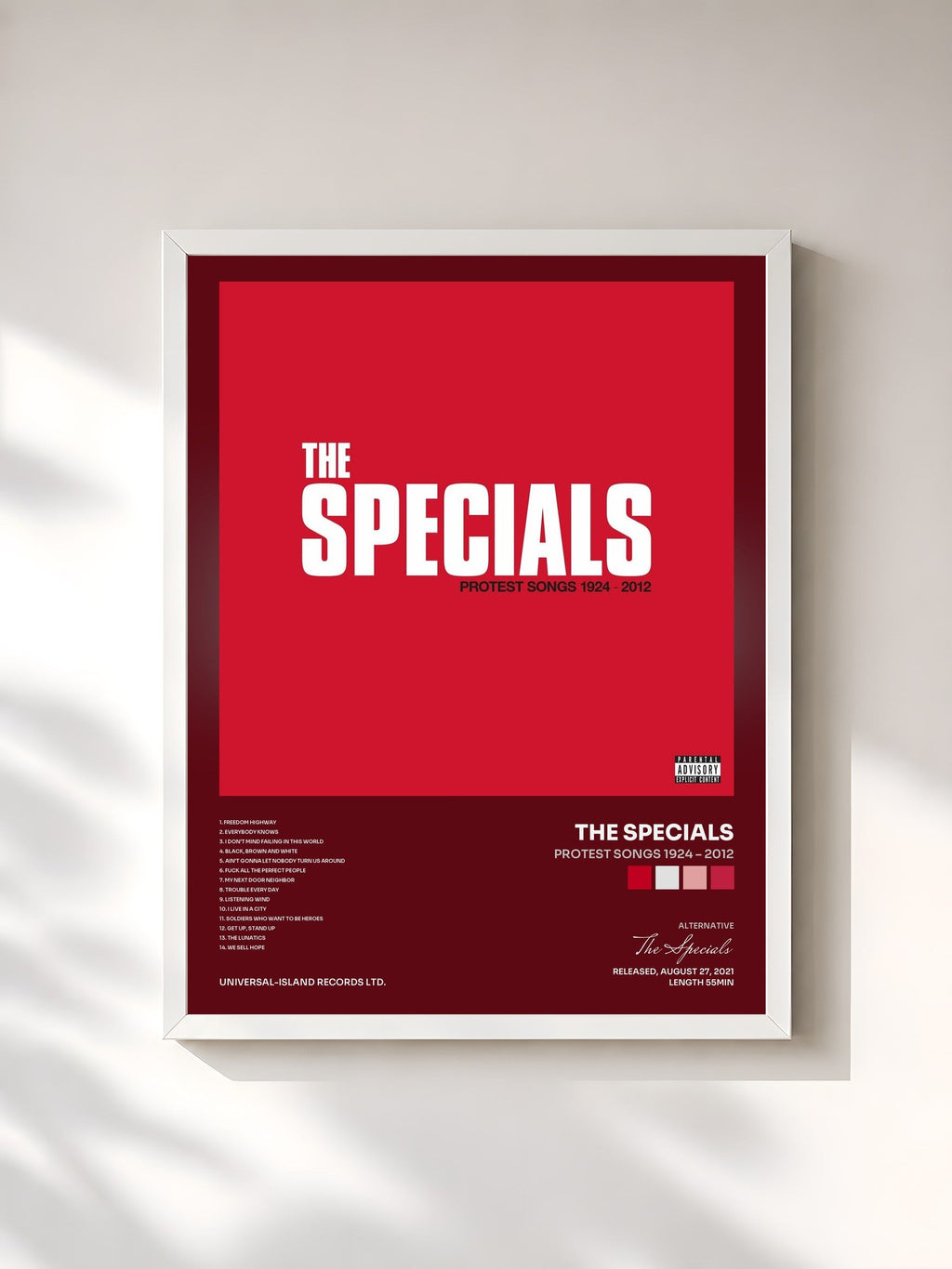 #blanc Protest Songs 1924 – 2012 von The Specials als gerahmter Kunstdruck, weißer Rahmen, gedruckt und gerahmt in Frankreich