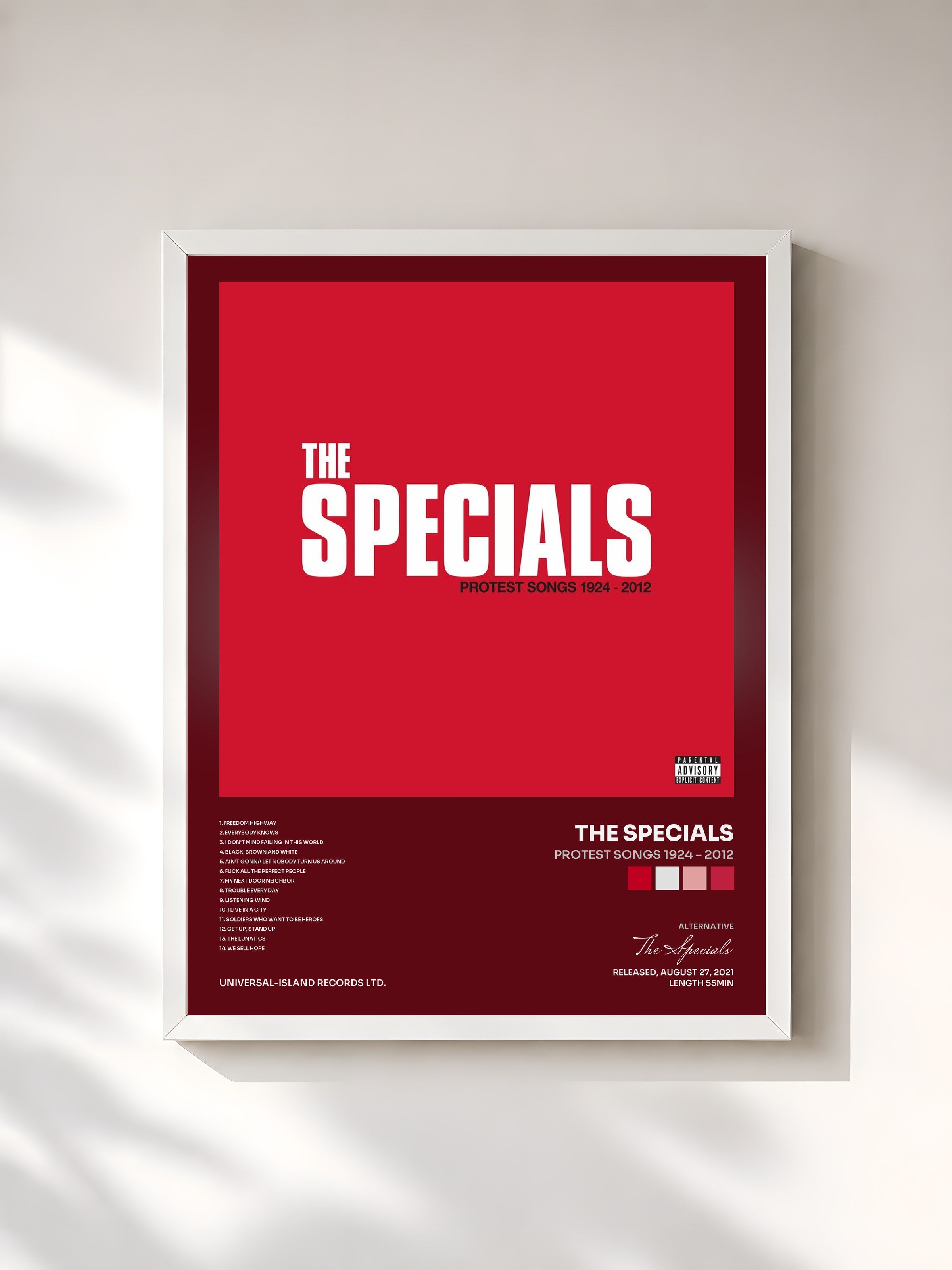 #blanc Tableau de l'album Protest Songs 1924 – 2012 de The Specials, cadre blanc, imprimé et encadré en France