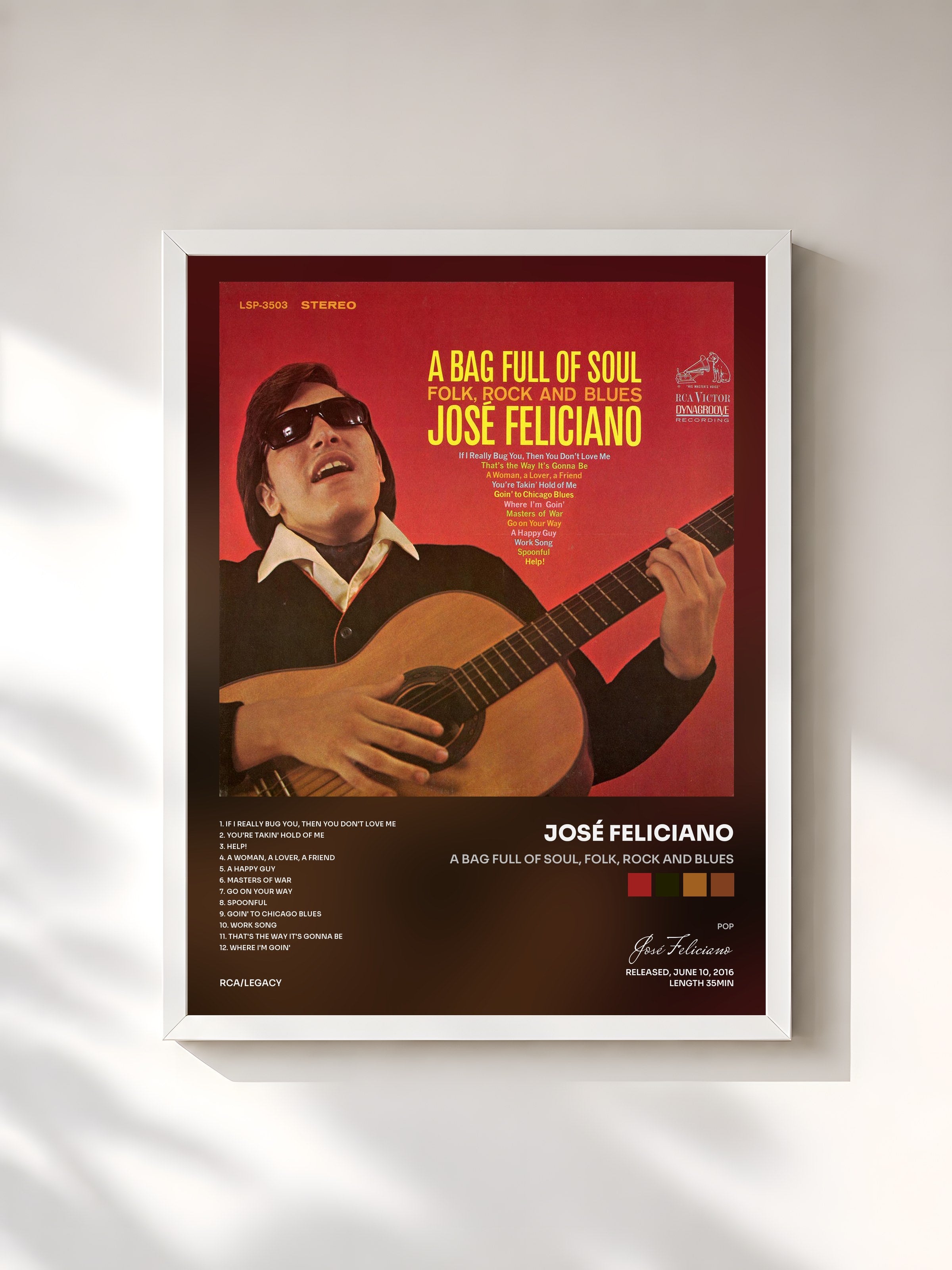 #blanc Tableau de l'album A Bag Full of Soul, Folk, Rock and Blues de José Feliciano, cadre blanc, imprimé et encadré en France