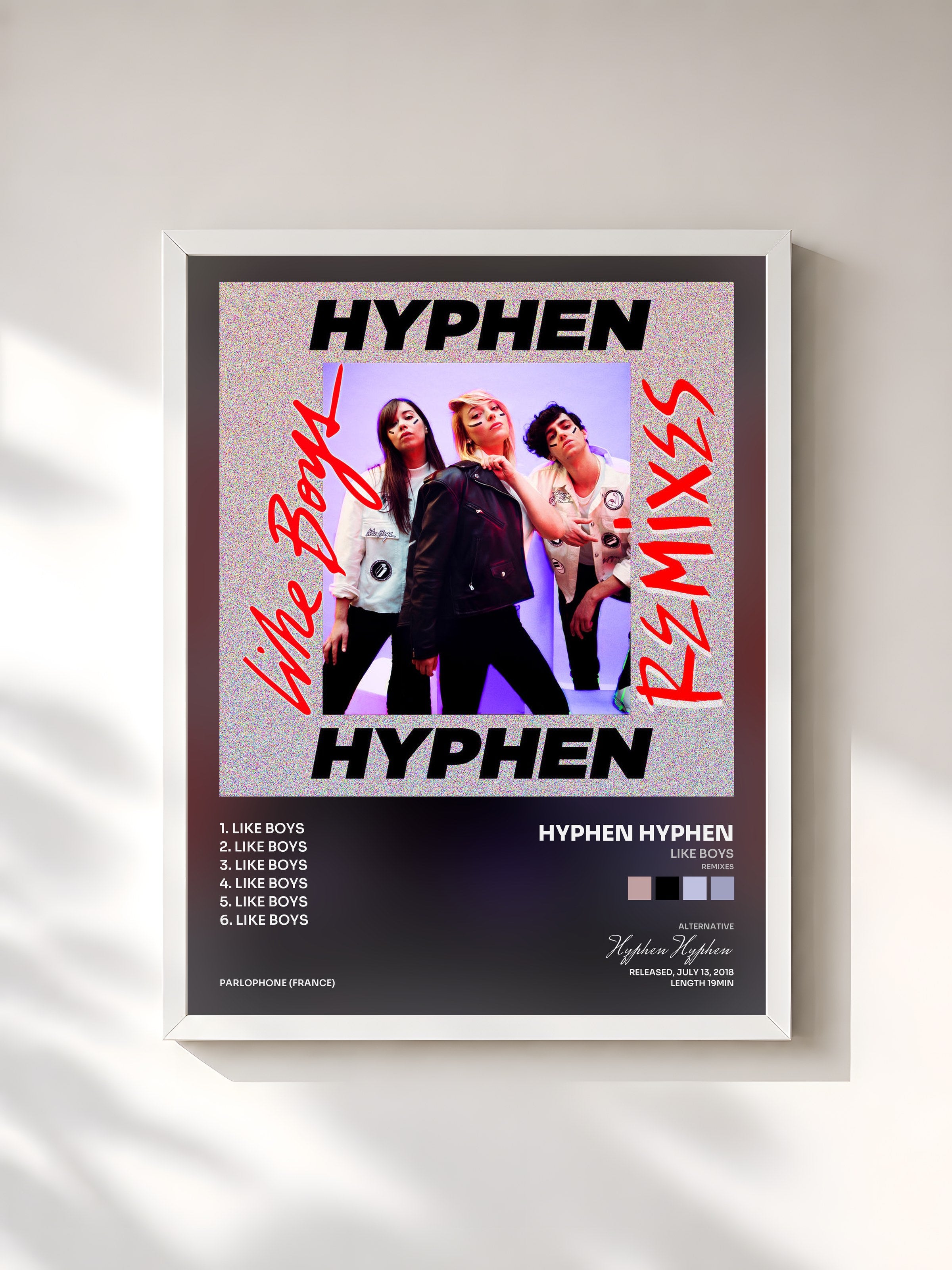 #blanc Tableau de l'album Like Boys (Remixes) de Hyphen Hyphen, cadre blanc, imprimé et encadré en France