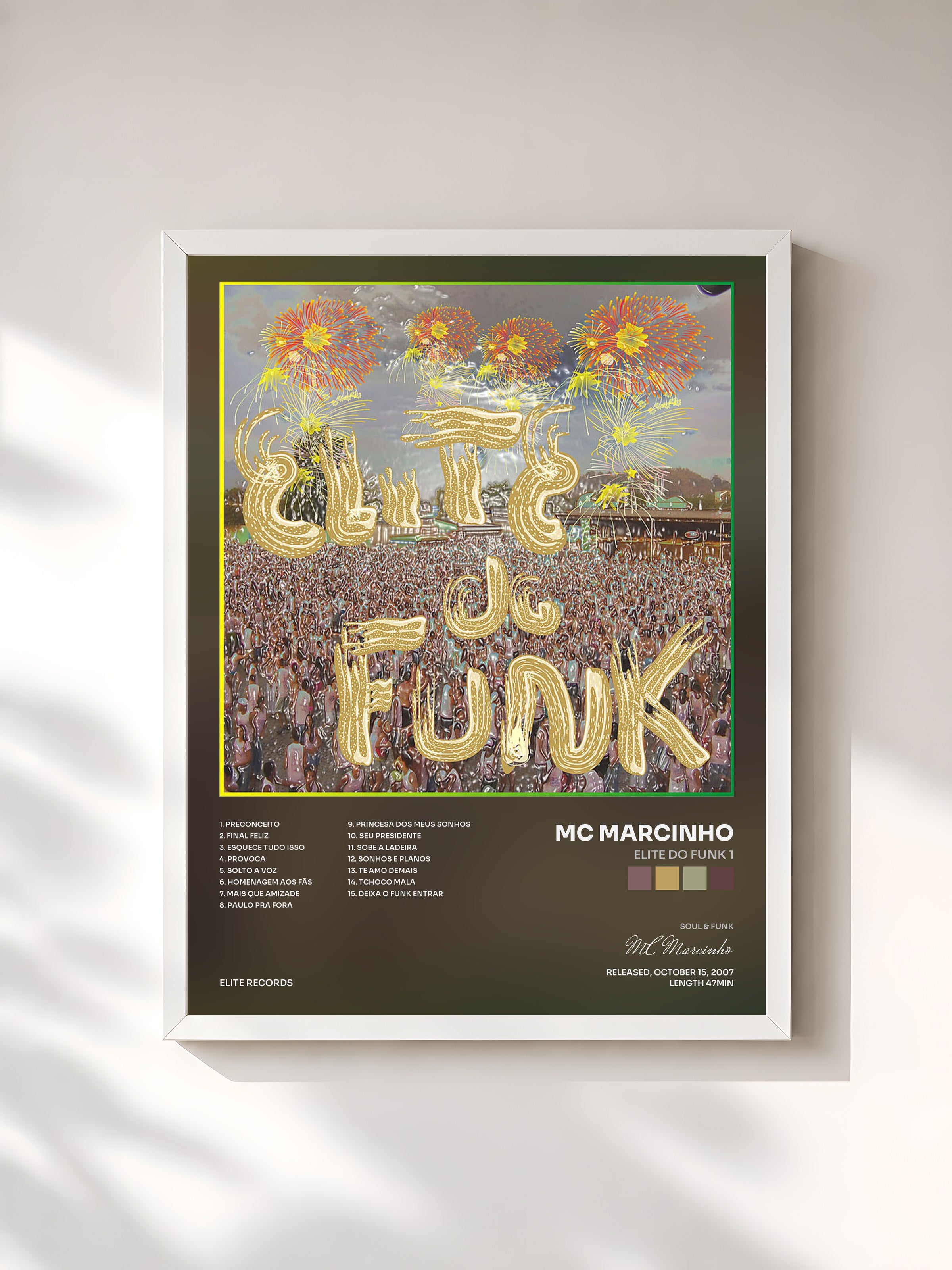 #blanc Tableau de l'album Elite do Funk 1 de MC Marcinho, cadre blanc, imprimé et encadré en France