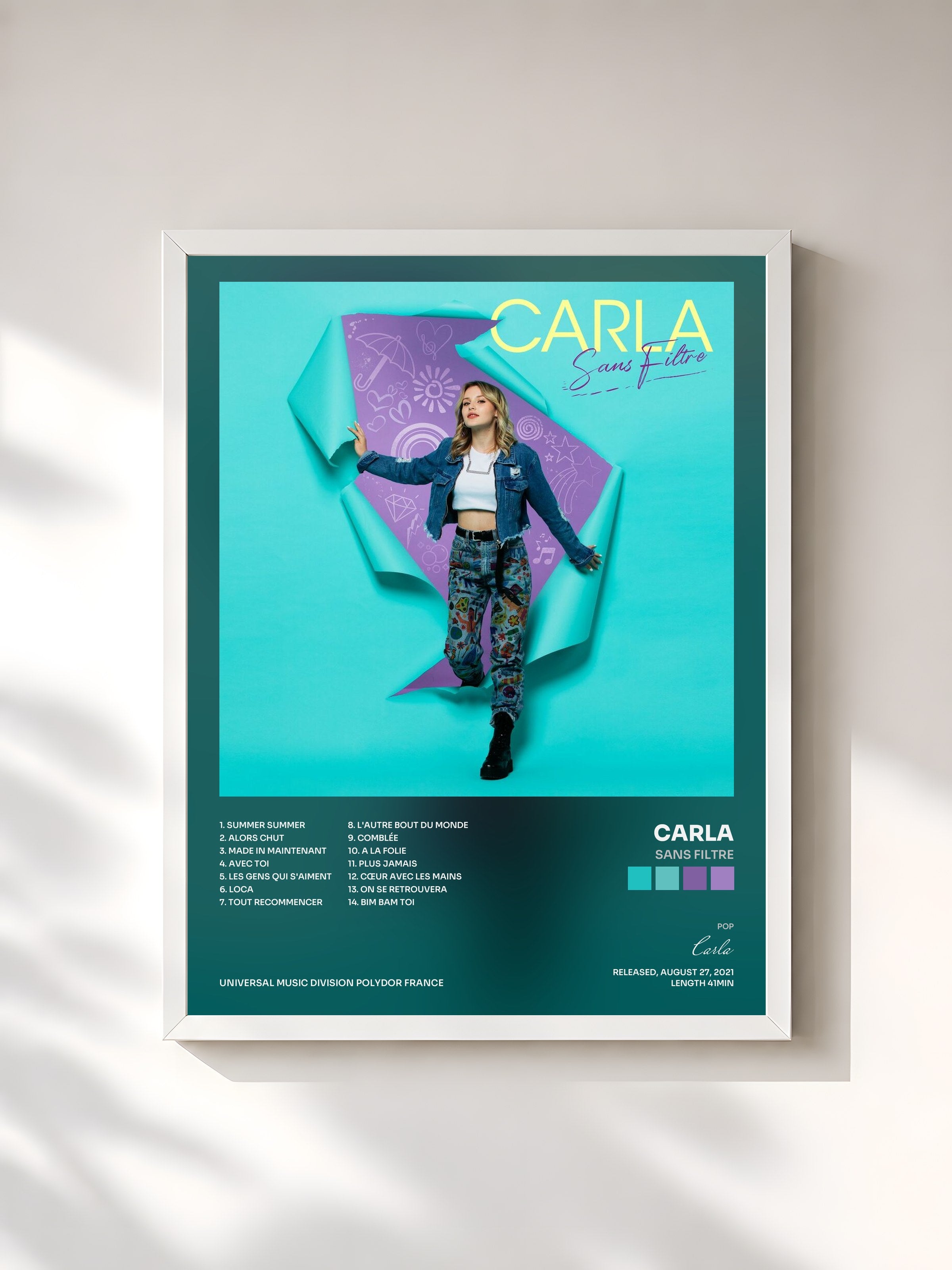 #blanc Tableau de l'album Sans filtre de Carla, cadre blanc, imprimé et encadré en France