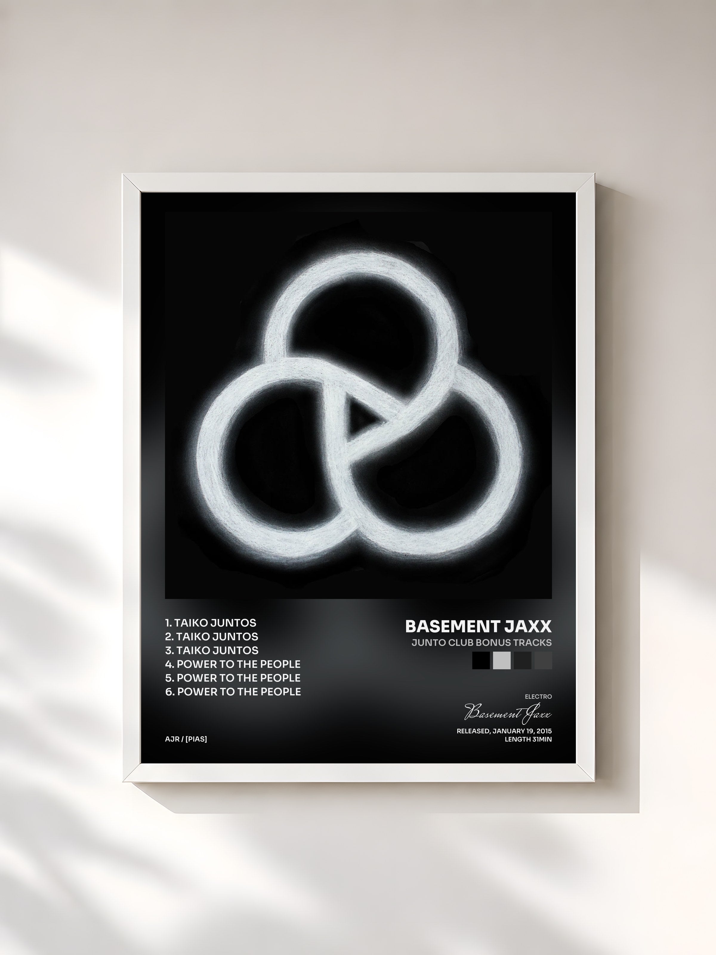 #blanc Tableau de l'album Junto Club Bonus Tracks de Basement Jaxx, cadre blanc, imprimé et encadré en France