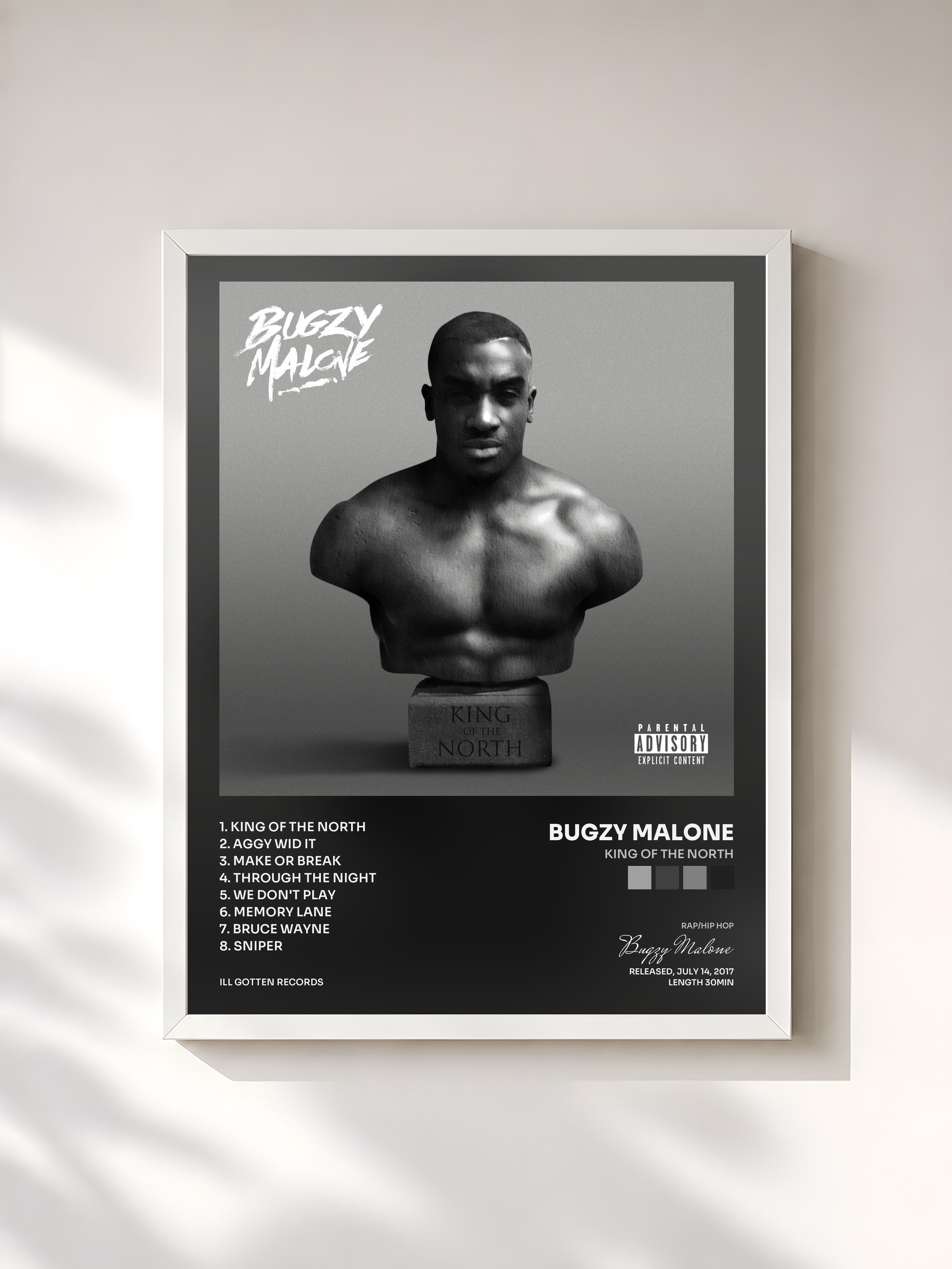 #blanc Tableau de l'album King Of The North de Bugzy Malone, cadre blanc, imprimé et encadré en France