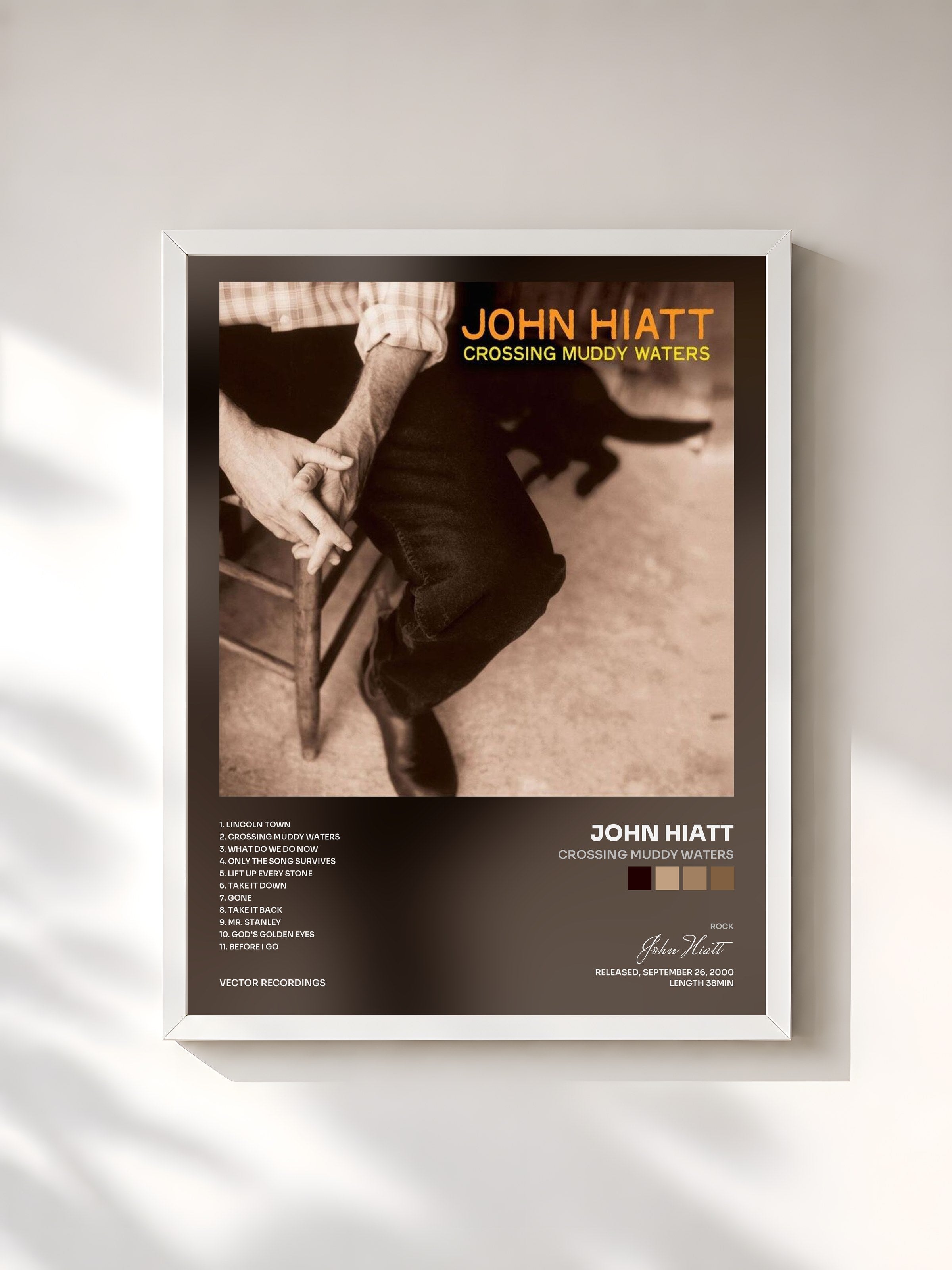 #blanc Tableau de l'album Crossing Muddy Waters de John Hiatt, cadre blanc, imprimé et encadré en France