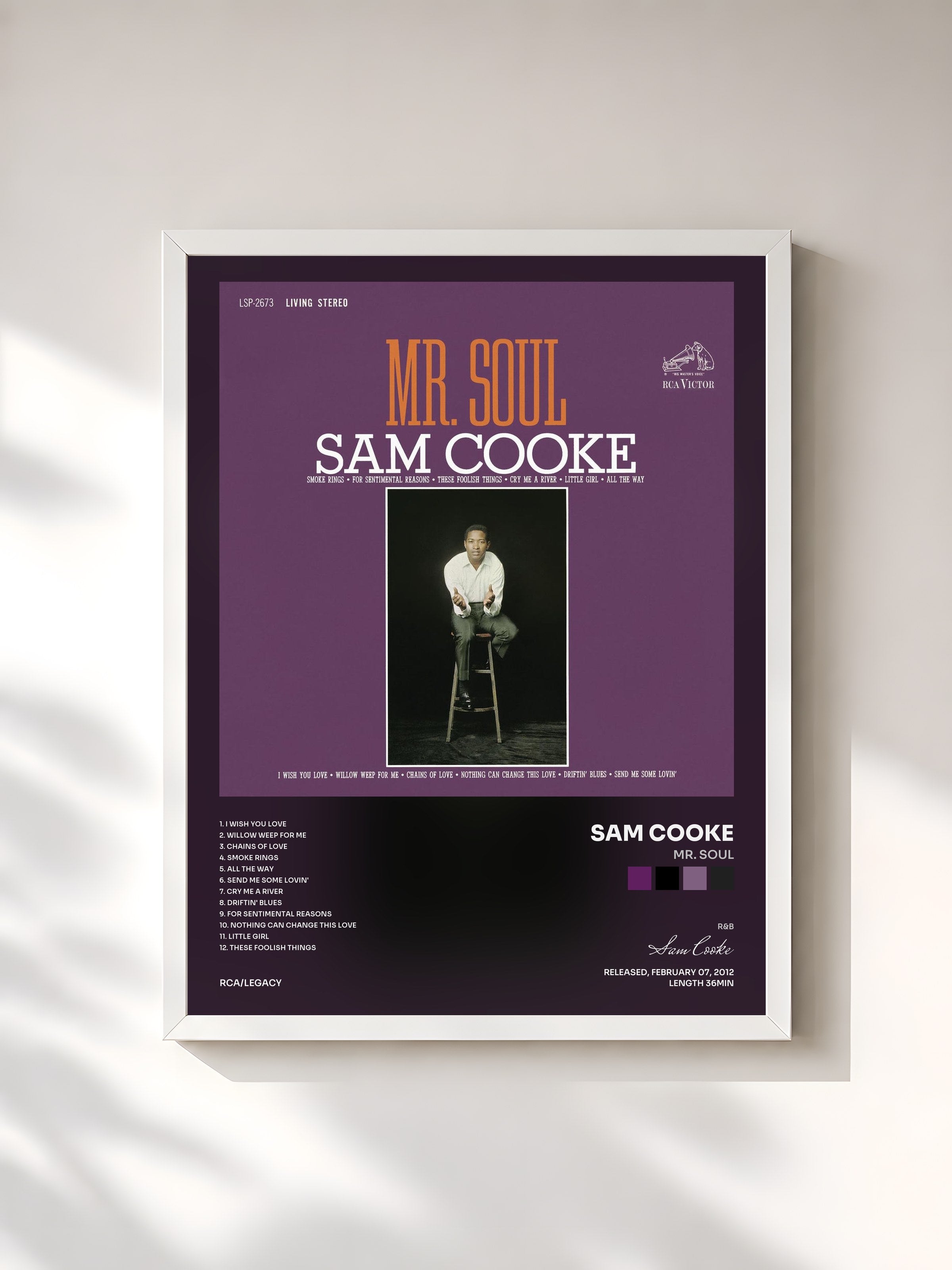 #blanc Tableau de l'album Mr. Soul de Sam Cooke, cadre blanc, imprimé et encadré en France