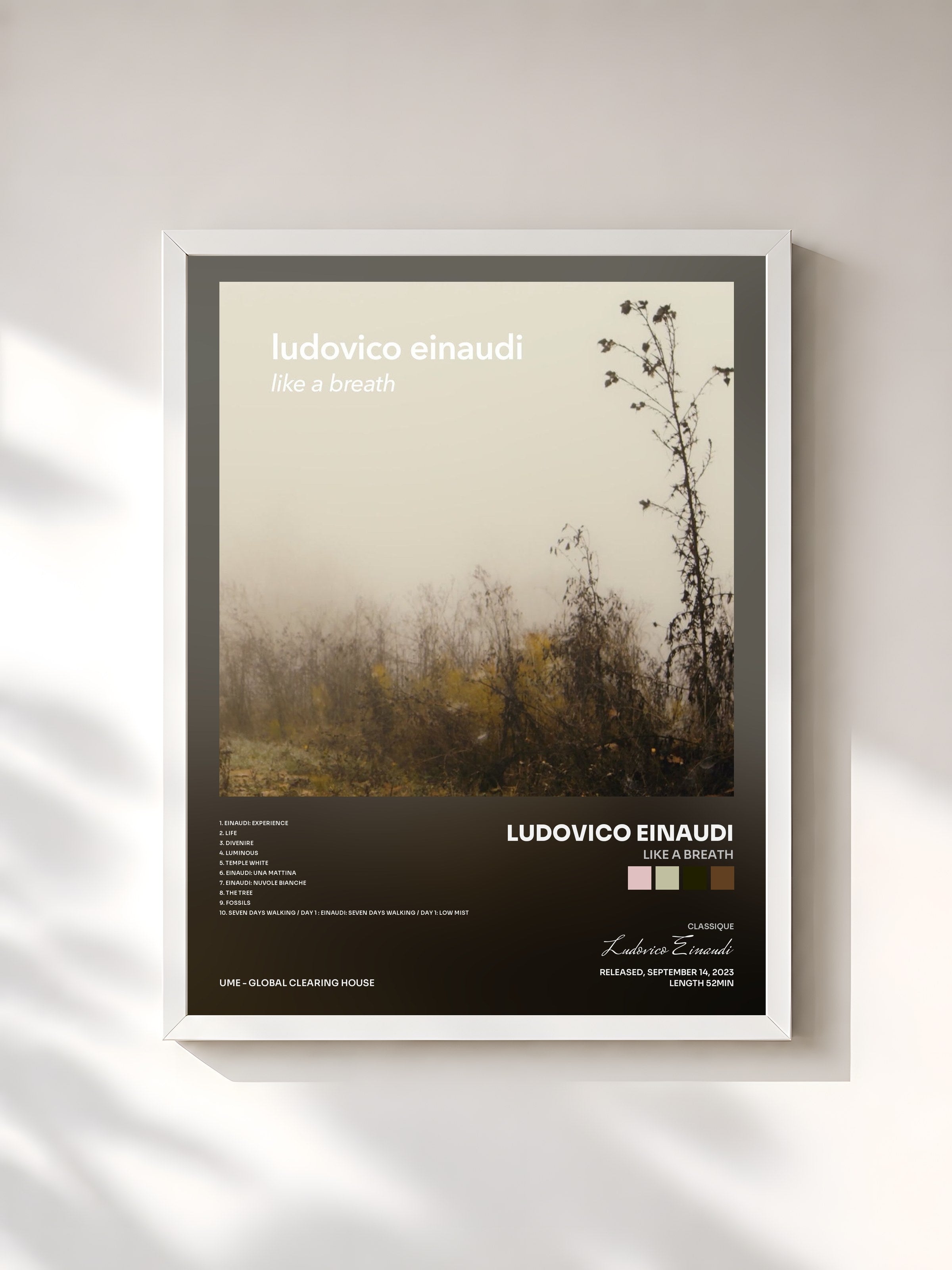 #blanc Tableau de l'album Like A Breath de Ludovico Einaudi, cadre blanc, imprimé et encadré en France